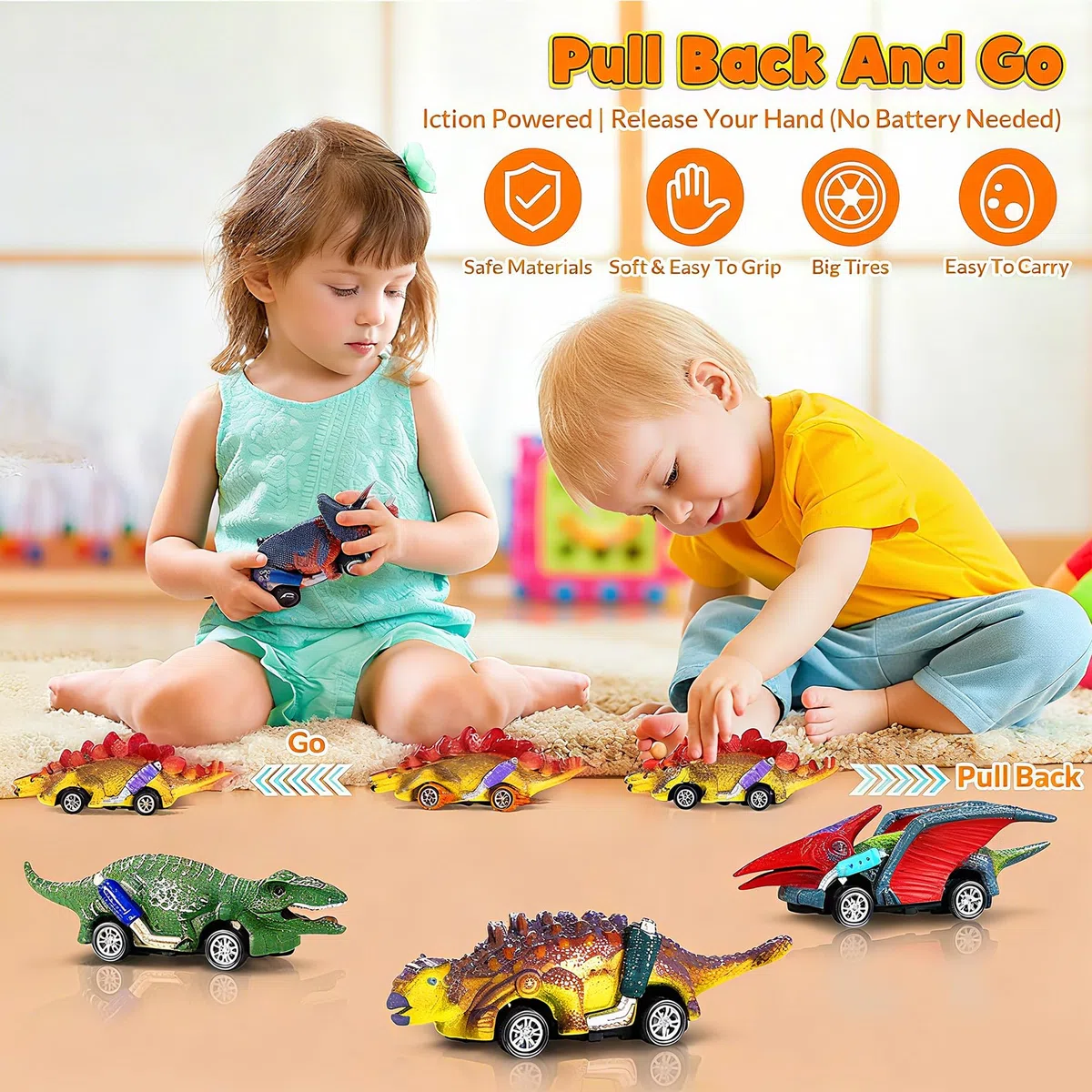 Dinosauri Macchinine Giocattolo per Bambini - 6 Pezzi Dinosauro Giocattolo Tirare Indietro Auto con Tappetino attività - Regalo per Bambini 2 3 4 5 6 Anni Ragazzo e Ragazza - Pasqua Regalo