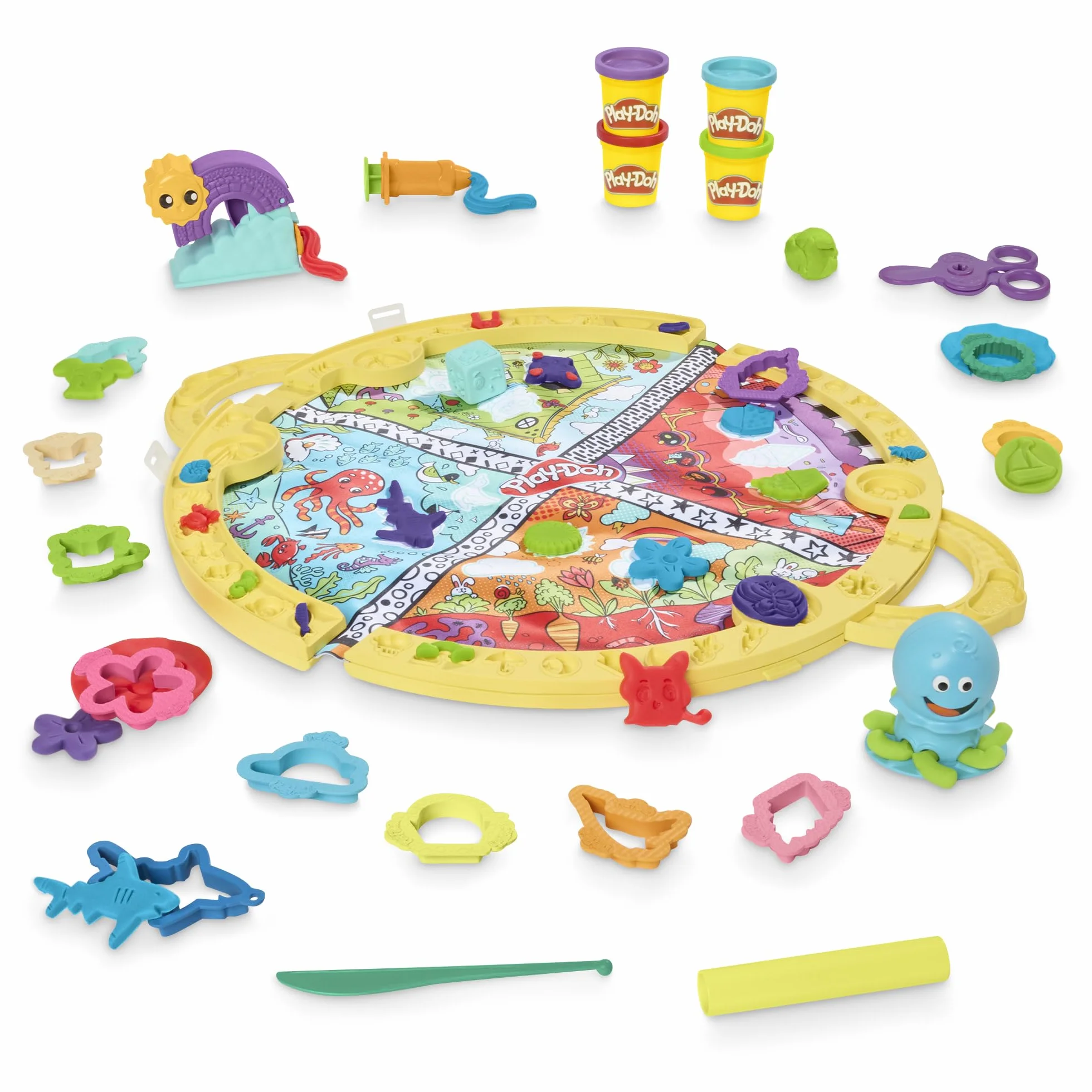 Play-Doh Hasbro Tappetino da Gioco Piega e Vai, Set di Plastilina Creativa con 4 Vasetti di Pasta Modellabile e 19 Strumenti, Giocattolo per Bambini e Bambine da 3 Anni in su