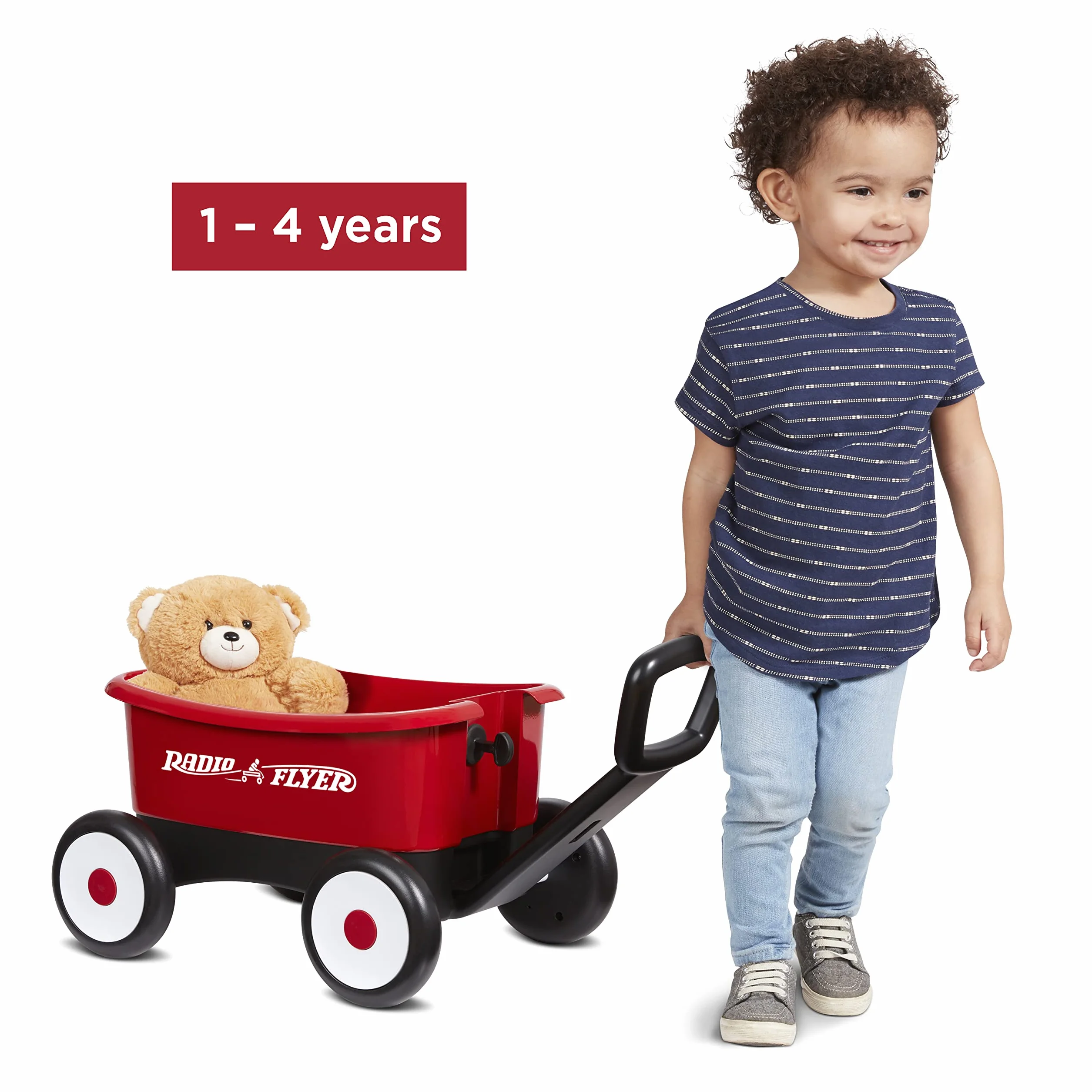 Radio Flyer Push & Pull Walker Wagon with Teddy Bear, Carrello giocattolo bambini, Carretto primi passi spingi e tira 2 in 1 rosso, con orsacchiotto, per bambini da 1 a 4 anni