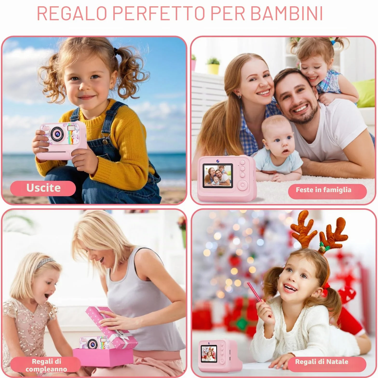 Fotocamera Istantanea per Bambini, Fotocamera Bambini HD 1080P con Schermo da 2,4 Pollici, Scheda da 32 GB e 3 Rotoli di Carta da Stampa, Ragazze e Ragazzi da 3 a 12 Anni (Rosa, carino)