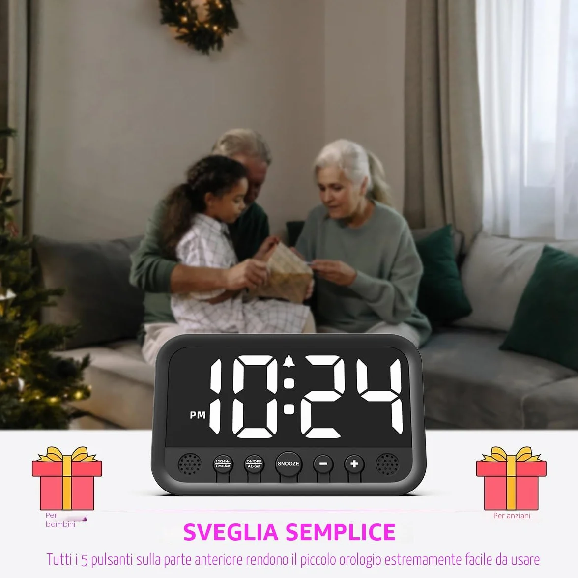 Sveglia digitale con numeri grandi, sveglia digitale con display LED, luminosità e volume regolabili, Snooze, 12/24HR