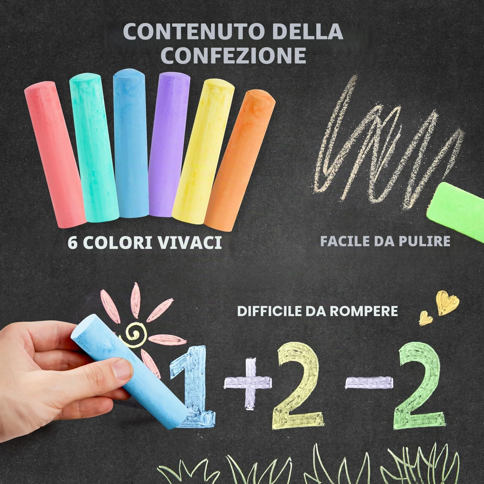 Set di 24 gessetti lavabili per marciapiede, non tossici, per scuole, giochi d'arte all'aperto, pittura su lavagna, lavagna e parco giochi