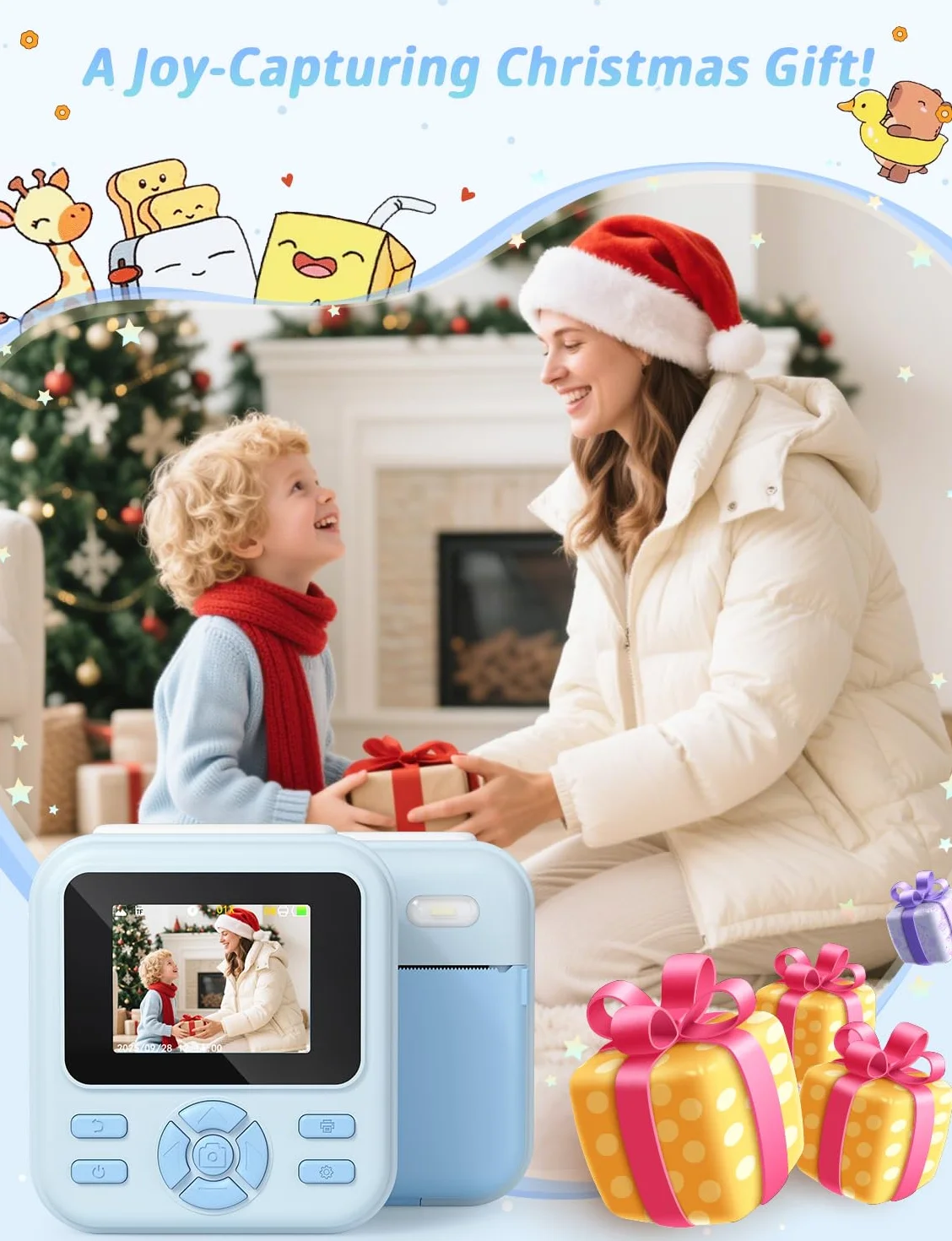 YOHOOLYO Macchina Fotografica Bambini Istantanea 2.4 Pollici, 1080P HD con scheda SD da 32GB, 6 penne colorate e 3 rotoli di carta da stampa, regalo per bambini da 3 a 14 anni-Rosa (Blu)