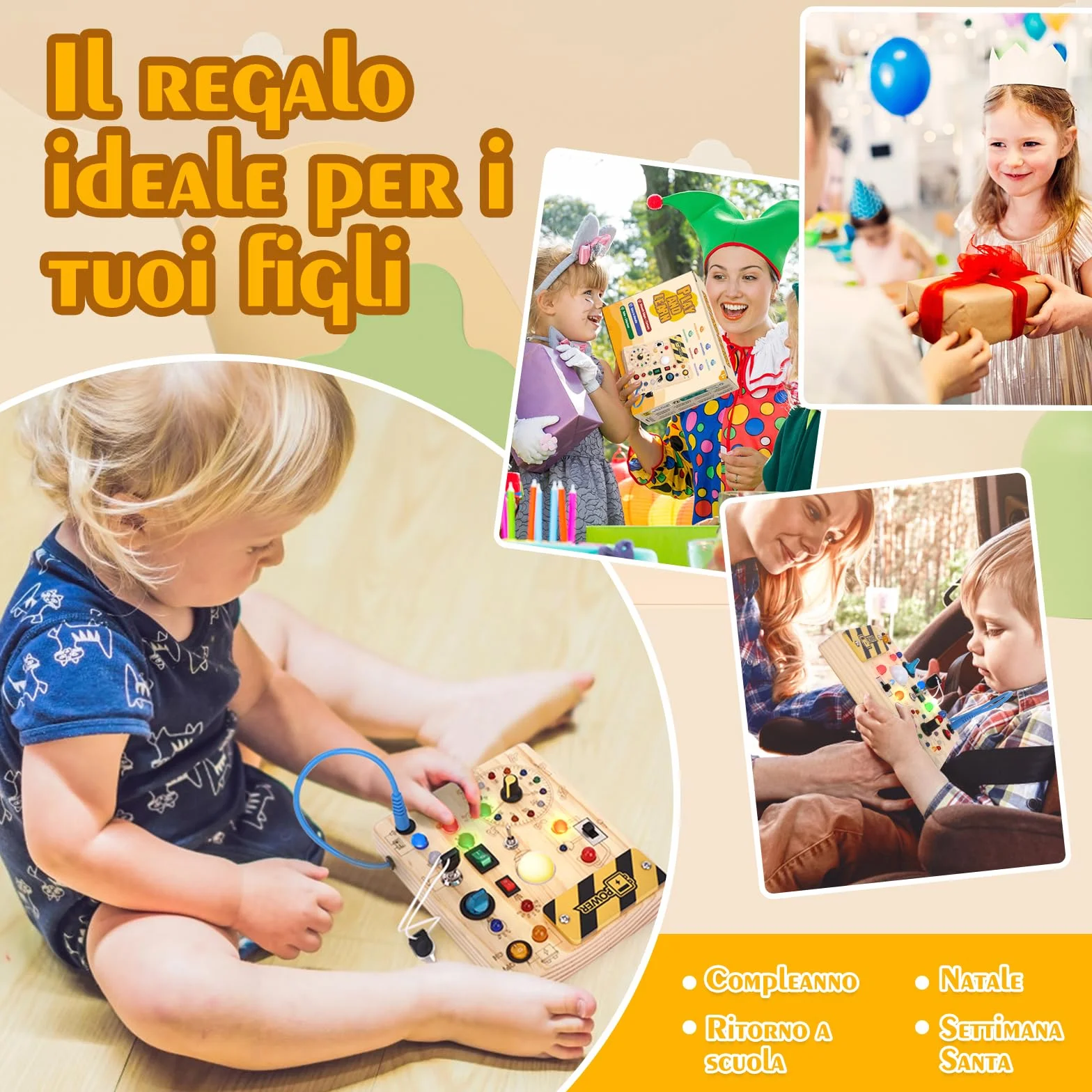 Hoarosall Busy Board Tavola delle attività Montessori in Legno per Bambini 1 2 3 Anni - Busy Board Sensoriale con 10 Interruttori e 23 Luci LED per Sviluppare la Motricità Fine