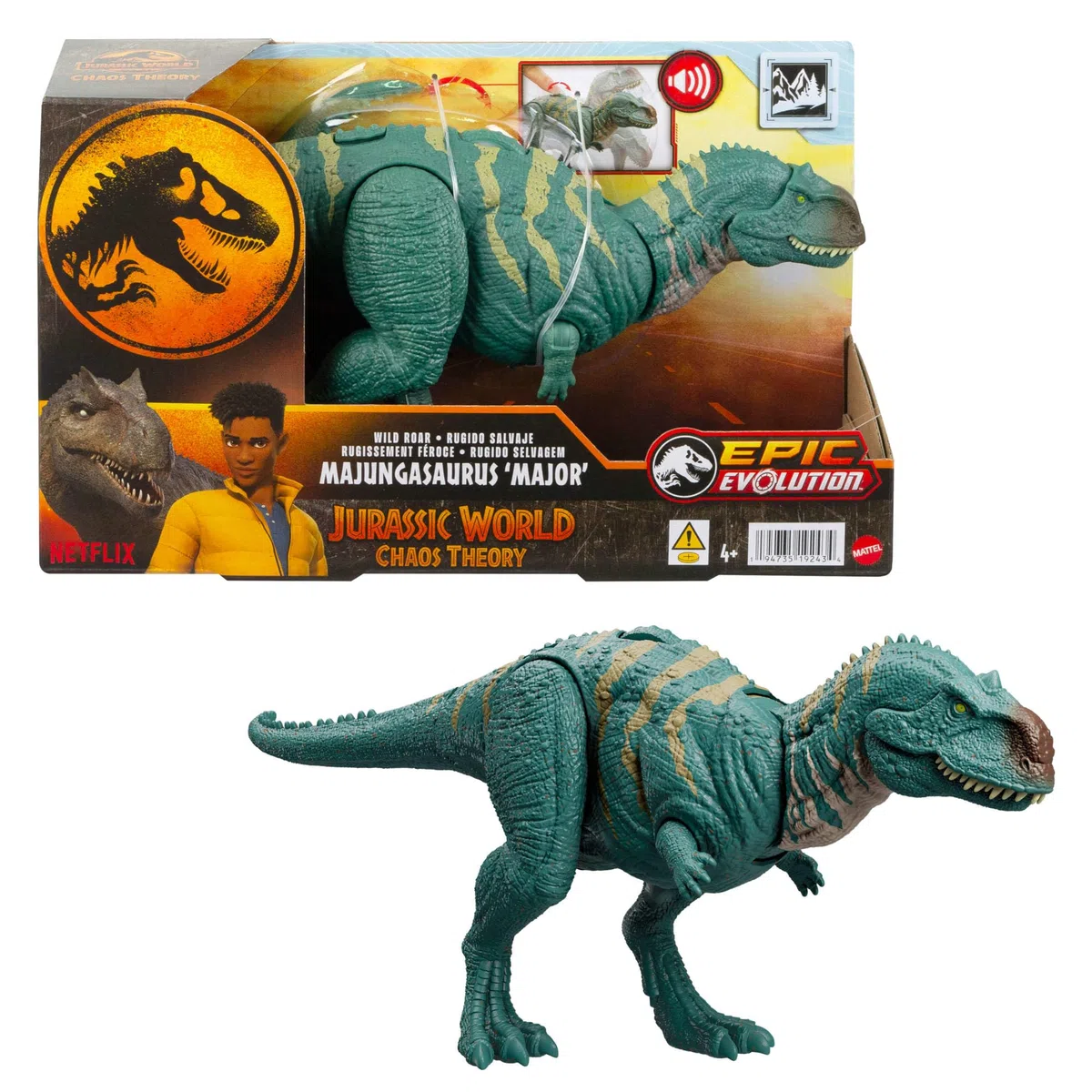 Mattel Jurassic World: Teoria del Caos Netflix - Majungasauro Ruggito Selvaggio, dinosauro snodato con morso continuo e ruggito, gira la rotella e attiva l'azione d'attacco, 4+ anni, HTK76