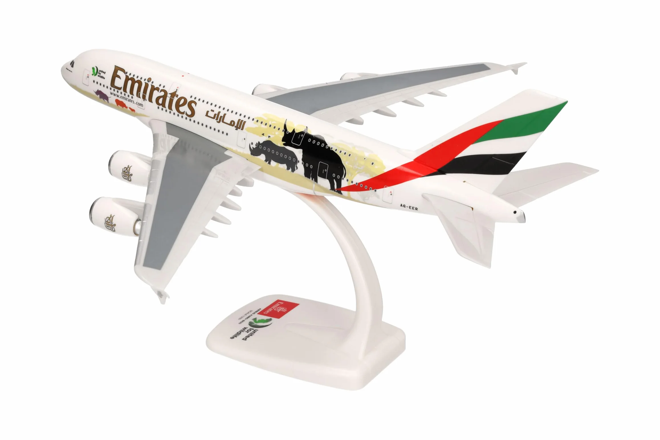herpa modello di aereo Emirates Airbus A380 United for Wildlife (No.2), in scala 1:250 - Snap-Fit, pezzo da collezione, miniatura deco, statuetta con supporto in plastica