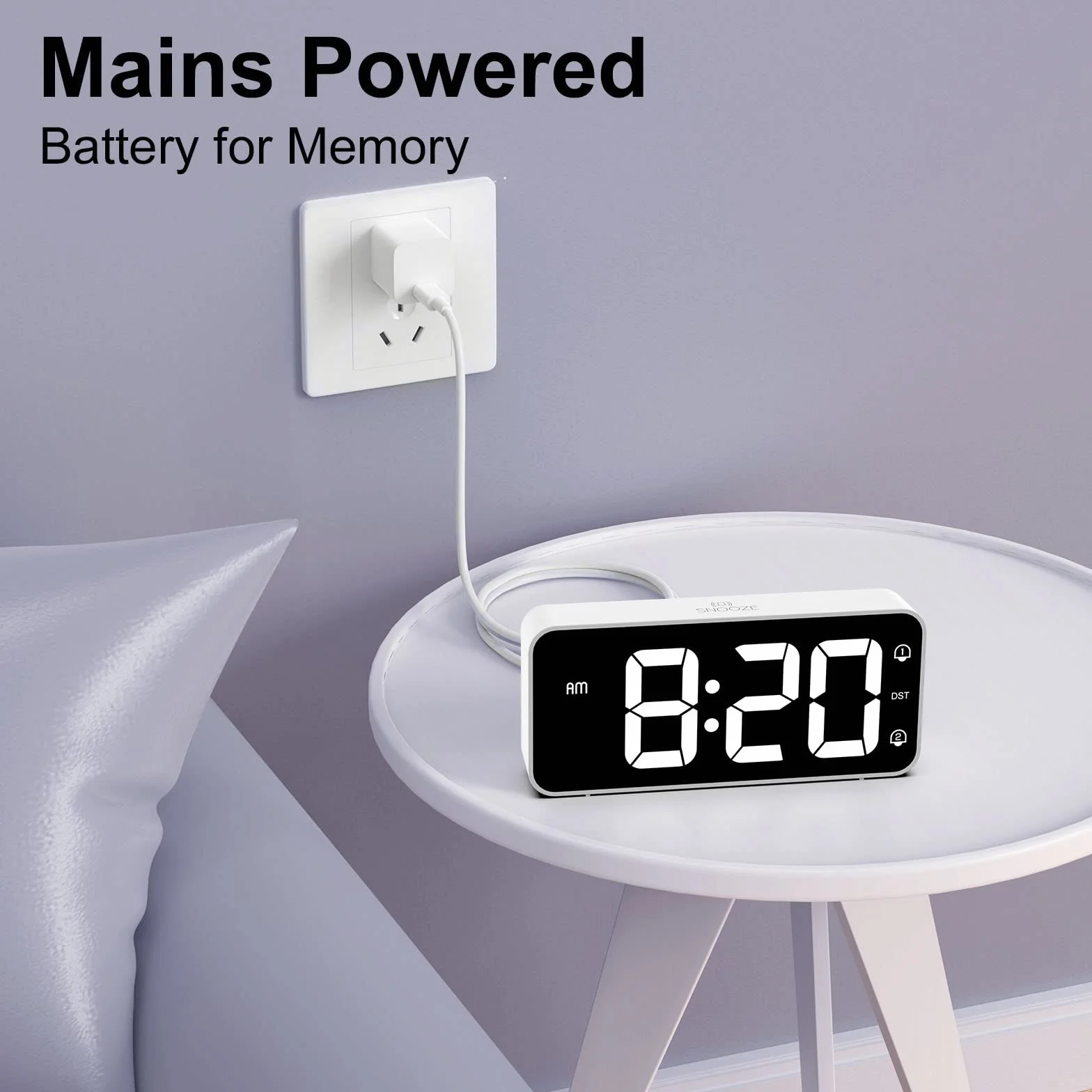 Sveglia da Comodino, Sveglia Digitale con Led Numeri Grandi, 0-100% Dimmer, 90-120 dB Volume, 2 Allarme, 12/24H, Snooze, Porta di Ricarica USB (Adapter Incluse), Bianco
