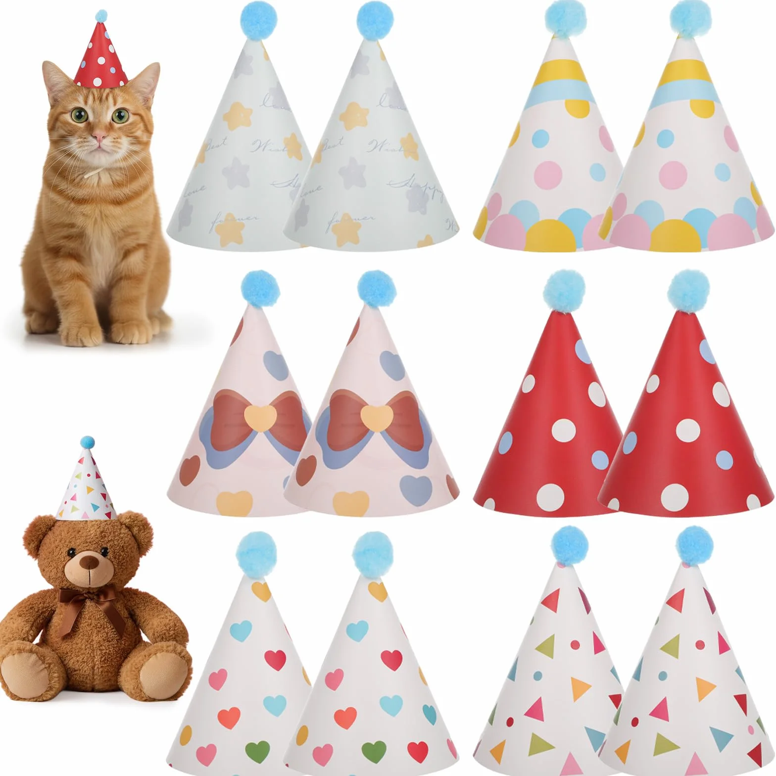 12 cappelli da festa per animali di peluche, 6 stili per gatti e cani, cappelli da festa con pompon, cappello a cono di carta, copricapo per celebrazioni per gattini, conigli, piccoli animali