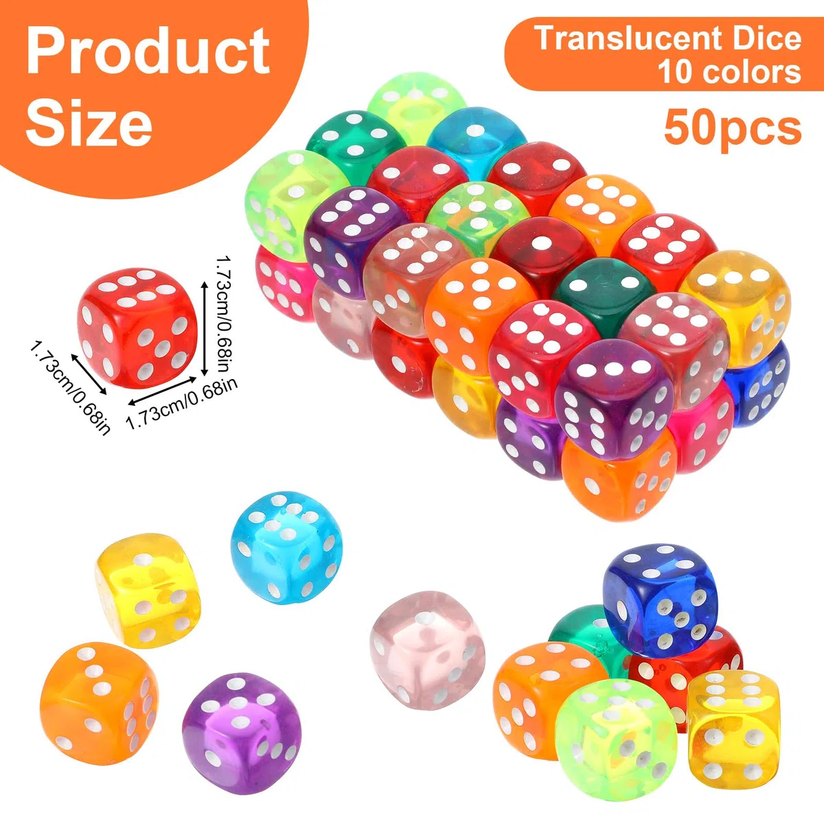 Set di 50 cubi colorati da 18 mm, 6 lati, D6 Dice con angoli rotondi, cubi da gioco, grandi in acrilico, per giochi da tavolo, bar, kTV party tutoring (10 colori)