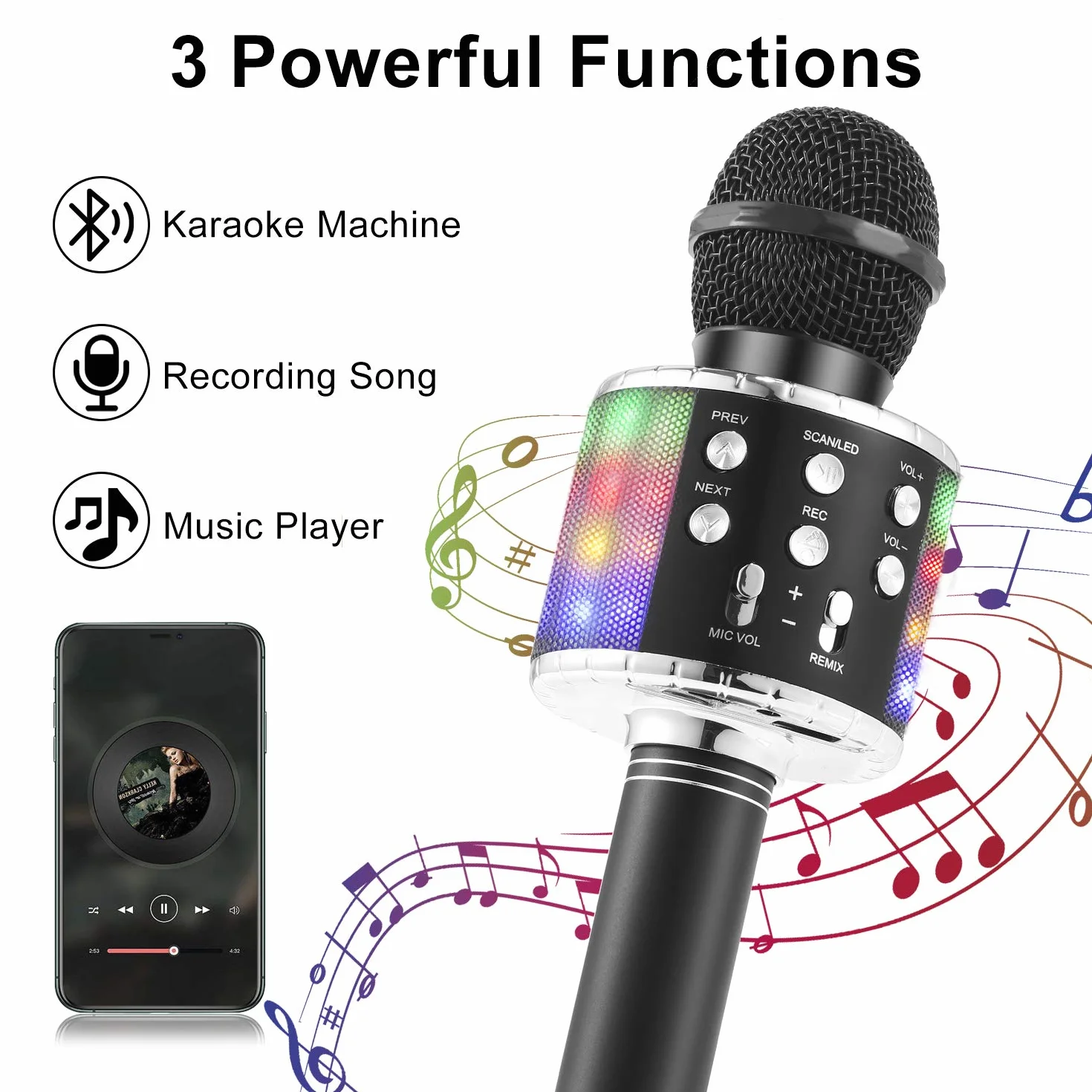 Fede Microfono Karaoke Bluetooth Wireless per Bambini, Karaoke Portatile con Luci LED Multicolore per Cantare, Funzione Eco, Compatibile con Android/iOS, PC o smartphone