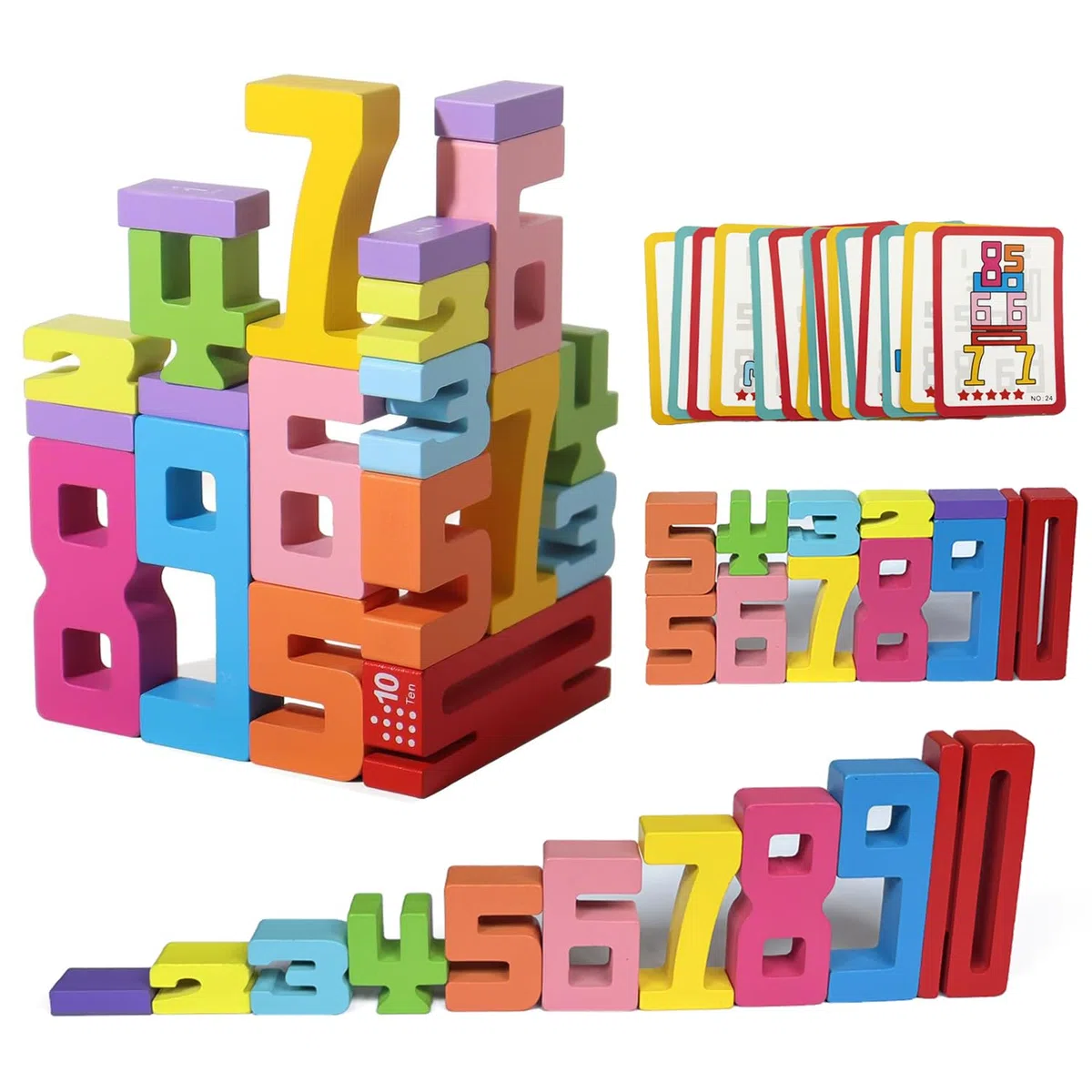 Blocchi Numero in Legno per Bambini, Wooden Number Building Blocks, Puzzle Numerici con Numeri da 1 a 10, Giocattoli da impilare e bilanciare