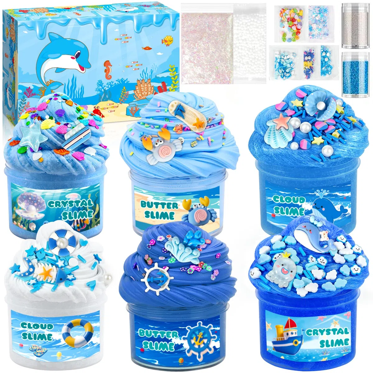 6 Pezzi Fluffy Butter Slime Set, Blu Crystal Slime per Bambini, Butter Slimes Set, Putty Giocattoli, DIY Slime Morbido ed Elasticizzato per Bambine e Bambini Feste Regalo (Blu)
