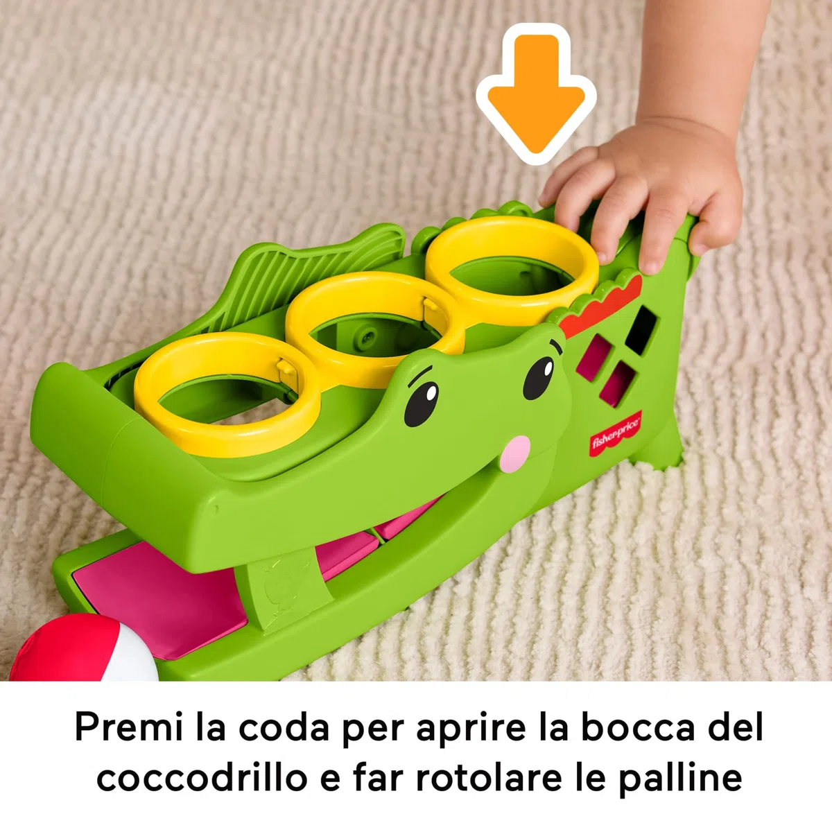 Fisher-Price - Coccodrillo Baby Giocoliere, Giocattolo evolutivo con martelletto e 3 Palline per Lo Sviluppo della motricità e Le Prime Fasi del Gattonamento, 9+ Mesi, JLB94