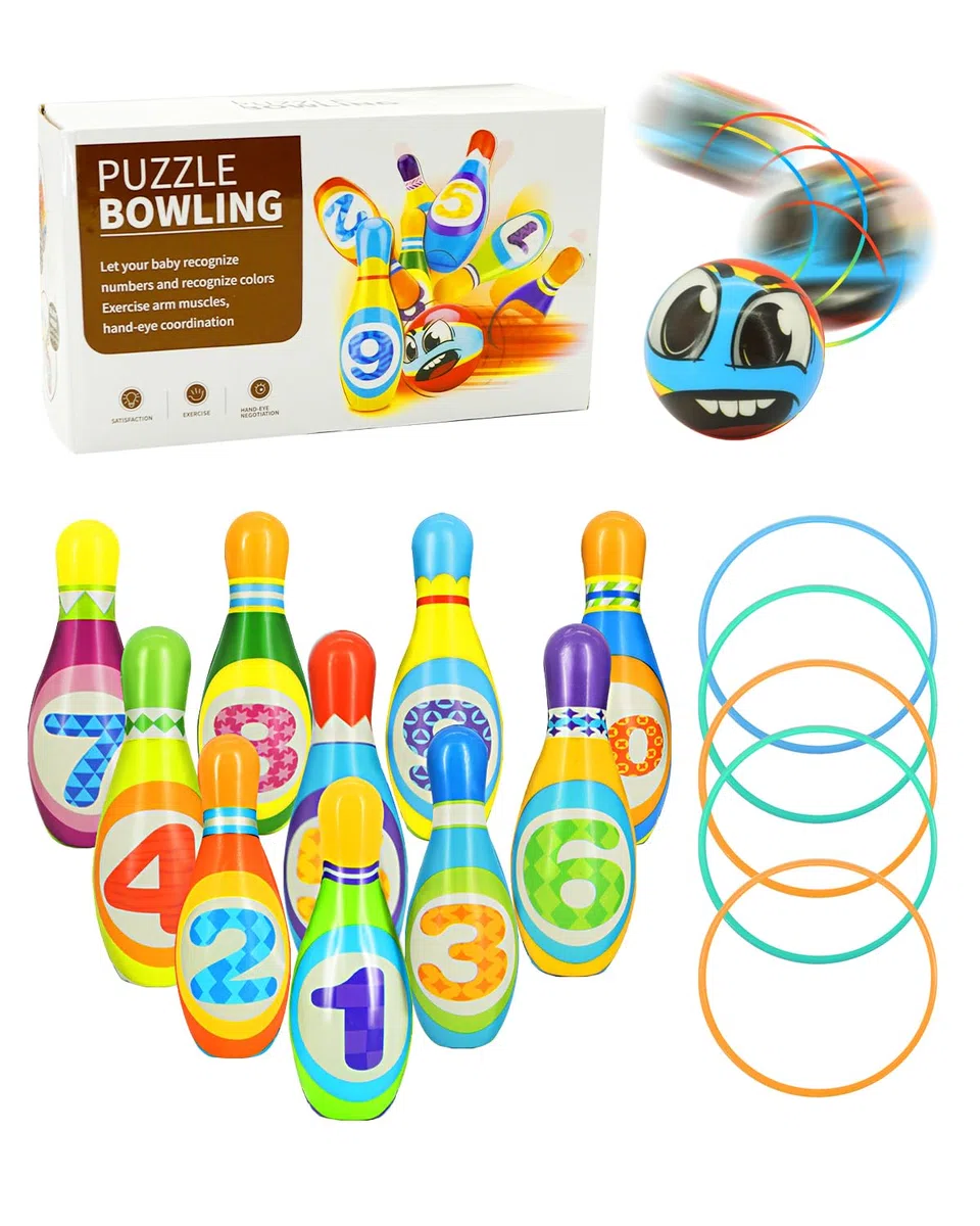 Bowling Set Bambini, Giochi Bambini 3 4 5 Anni, Bowling Set Bambini con 10 Birilli 5 Anelli e 2 Palle, Giochi da Giardino per Bambini Giochi Montessori