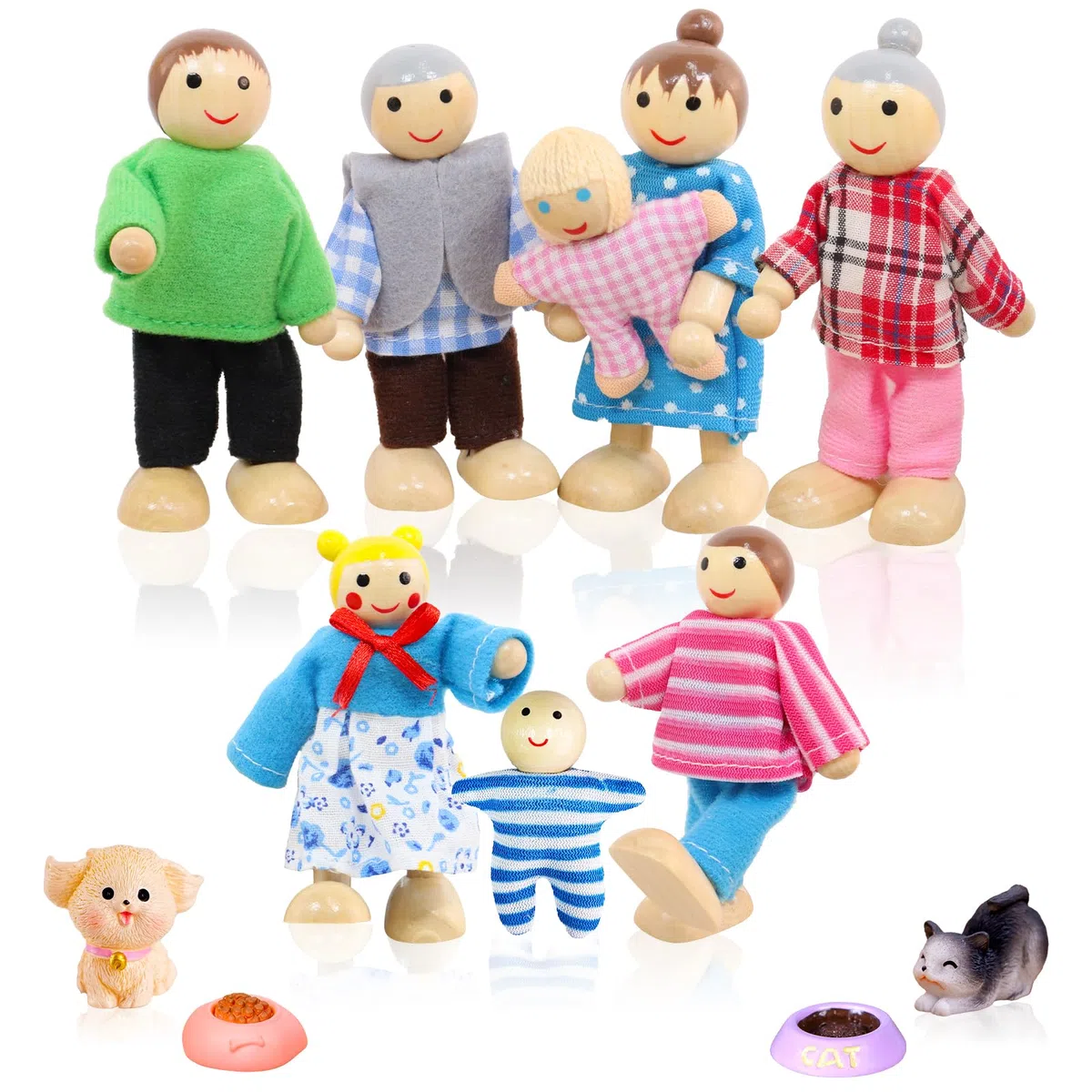 Casa Delle Bambole in Legno, 14 Pezzi Bambole in Legno Casa Delle Bambole, Casa Delle Bambole in Legno Famiglia Set con Gatto e Cane, Figure Bambole Piegare per Casa Delle Bambole Accessori Regalo