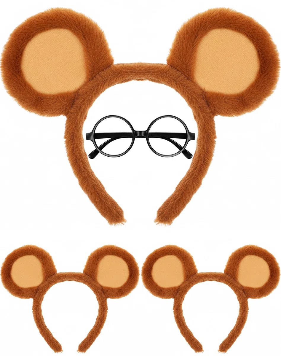 Set Accessori Chipmunk 4 Pezzi – 3 Cerchietti con Orecchie di Chipmunk in Peluche + 1 Occhiali Rotondi, Fascia Morbida per Capelli Animale, Cosplay per Bambini e Adulti, Feste, Carnevale, Halloween