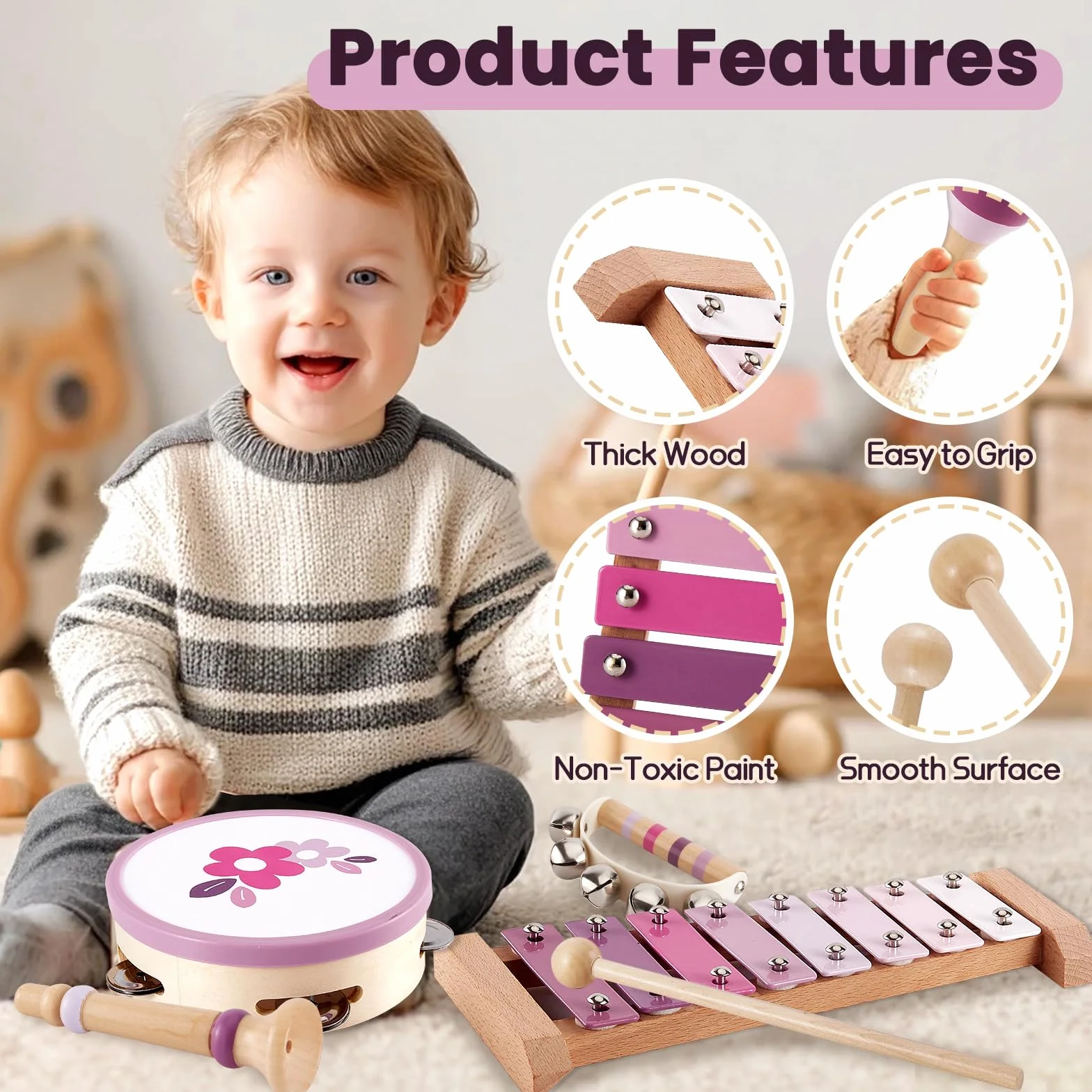 BUYGER Strumenti Musicali per Bambini con Xilofono Tamburi, Giocattolo Musicale Legno, Giochi Montessori 1 + Anno, Regalo per Bebe Bambini Bambina