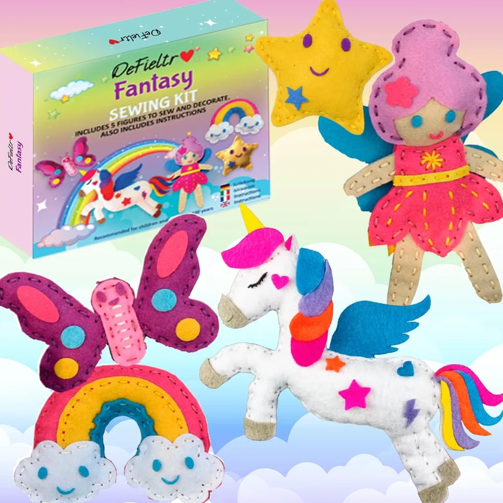 DeFieltro Fantasia – Kit Cucito Bambina con Unicorno e Fata (5 Figure) – Set Cucito Bambini Creativo – Imparare il Cucito per Bambini