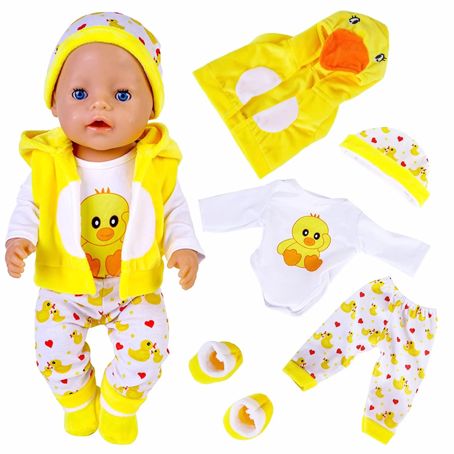 Vestiti per bambole da 14-18 pollici, inclusi con berretto, calze, pantaloni a maniche lunghe e gialli, carine anatre gialle vestire in cotone per New Baby Doll 35-43 cm per bambini e ragazze