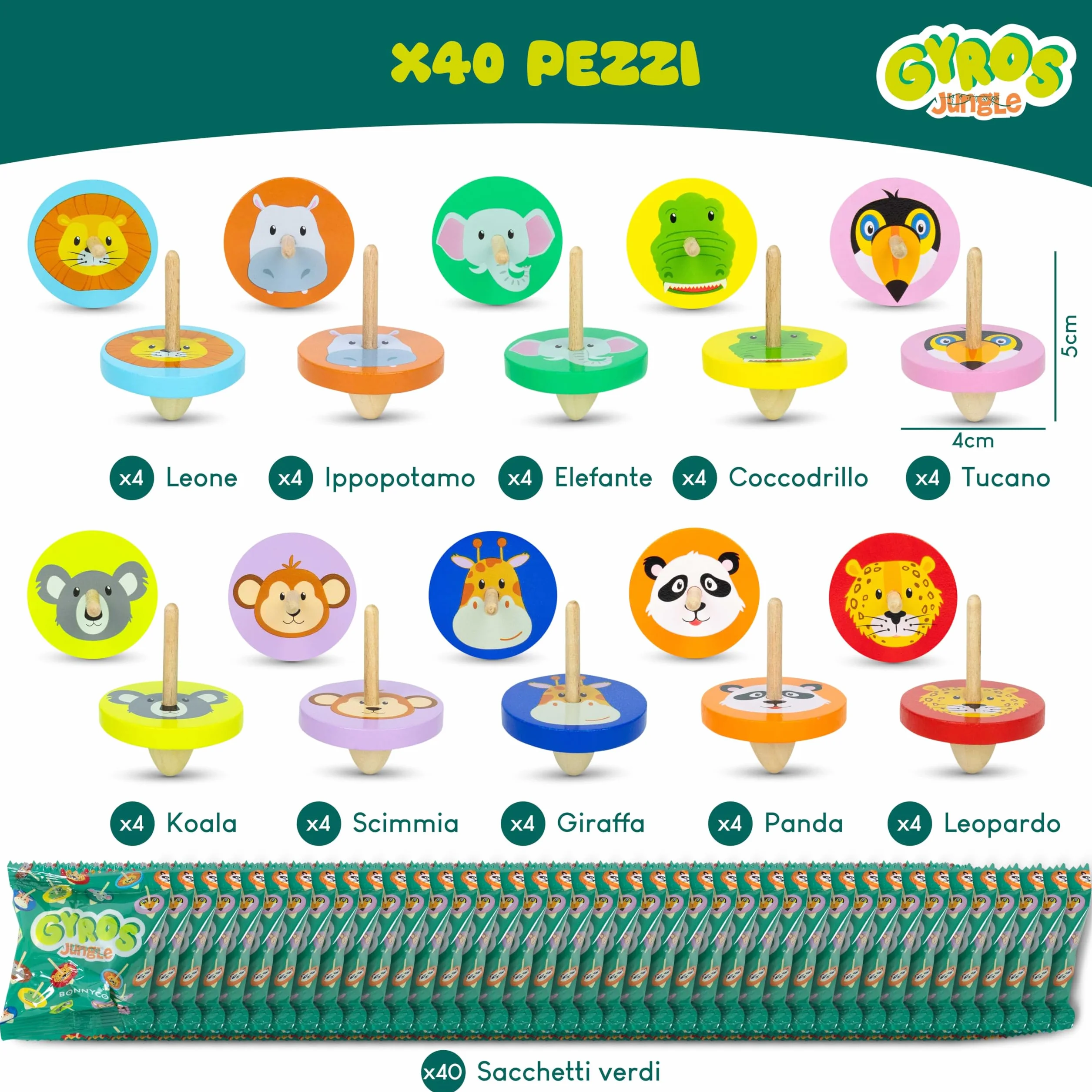 BONNYCO Trottola Bambini Legno Pack 40 Animali Giungla. Trottole Gadget Compleanno Bambini, Mini Giochi Regalini Fine Festa Compleanno. Regalino Fine Festa Dopo Invitati, Pensierini Giochini Scuola