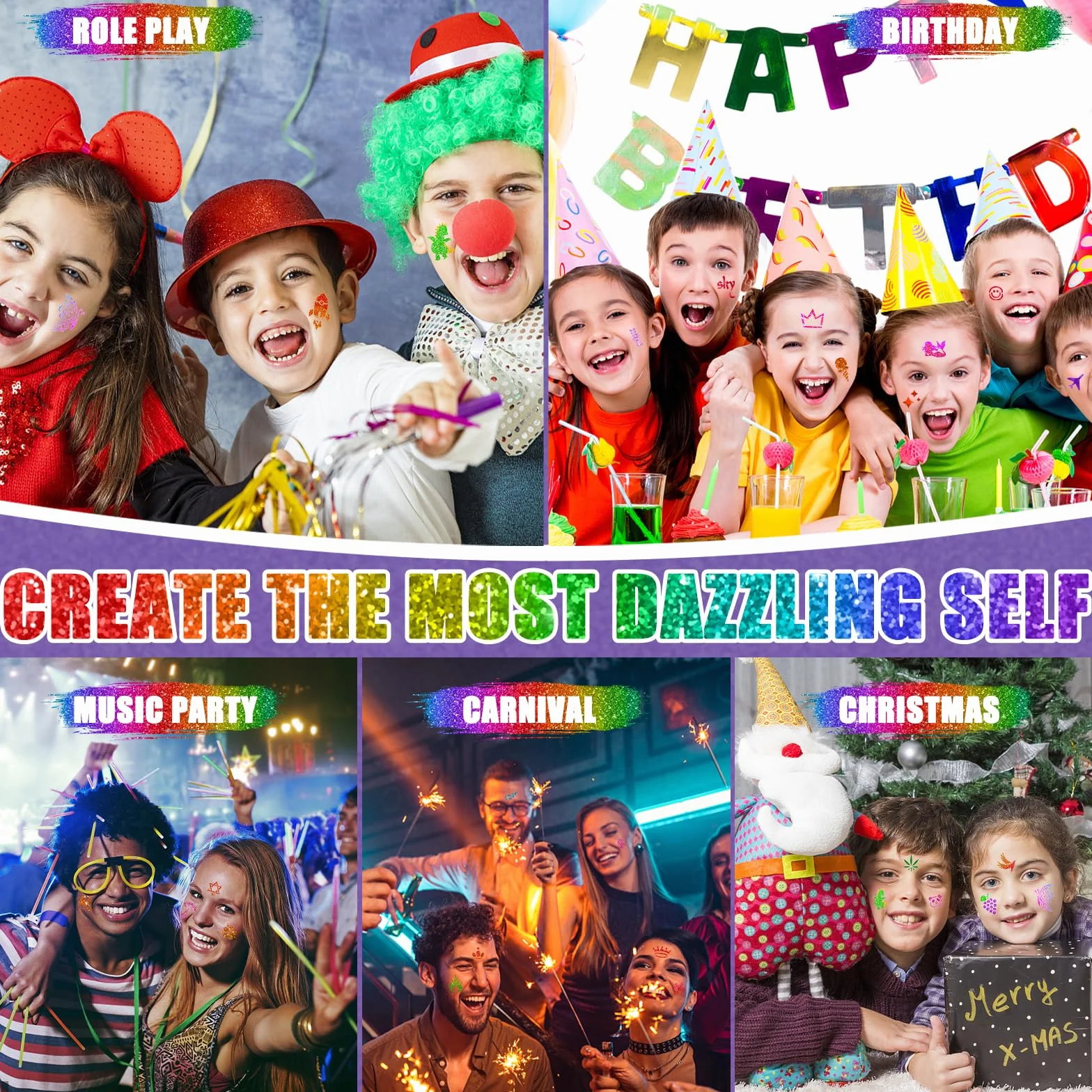 FAMKEEP Set Tatuaggi Glitter,42 Colori Tatuaggi Kit,223 Stencil, 5 Pennelli, 3 Colla,Tatuaggi Impermeabili Kit Tatuaggi Flash per Ragazzi, Ragazze e Festa,Regali per Natale e Carnevale