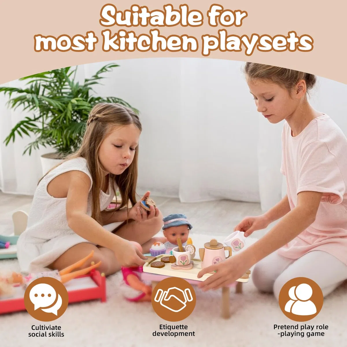 Set da Tè e Accessori Cucina in Legno per Bambini, Giochi Educativi, Servizio da Tè, Regalo per Ragazze e Ragazzi dai 3 Anni