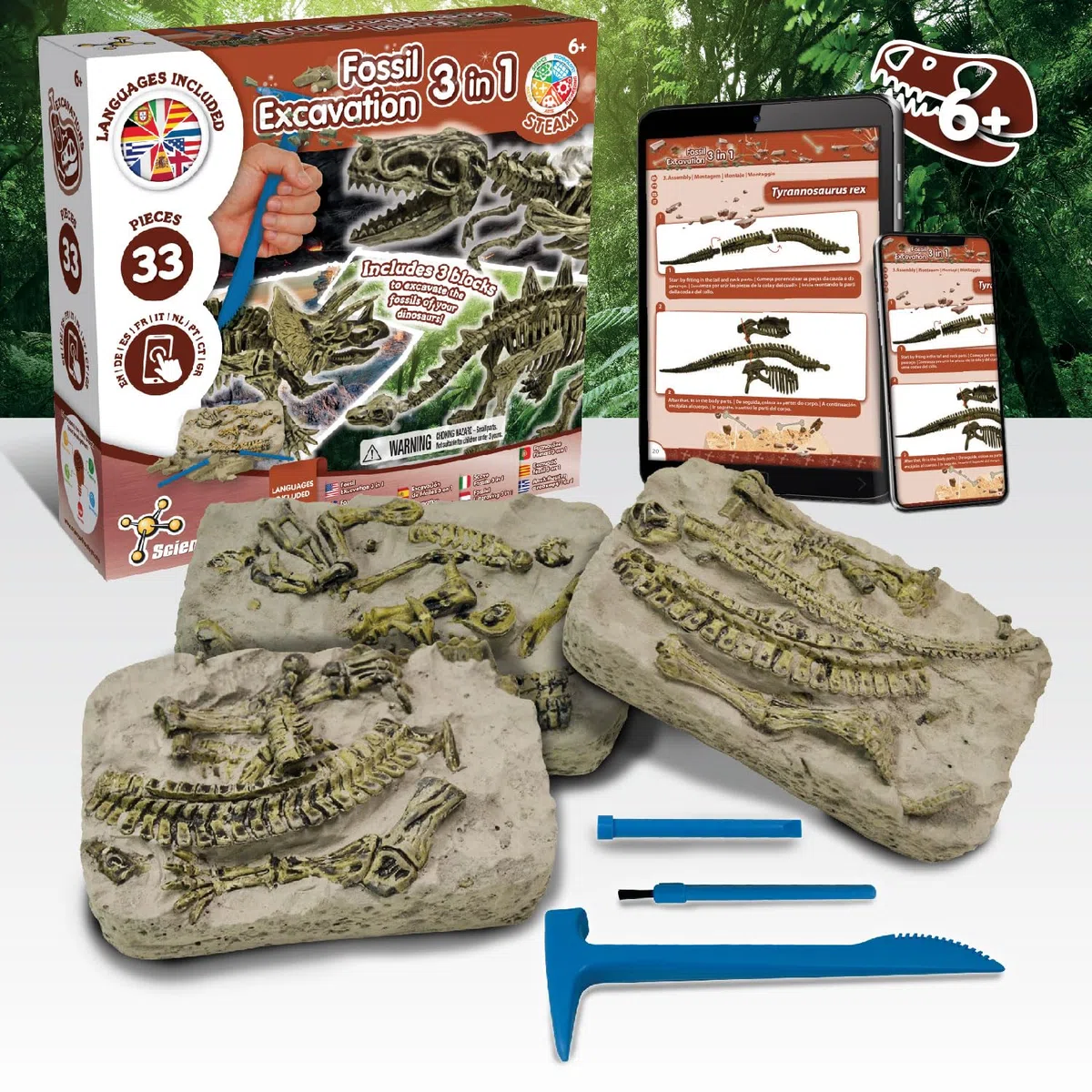 Science4you Dinosauri Fossili 3 in 1 per Bambini 5 6 7 8+ Anni - Scavare e Costruire tu figure: T Rex, Stegosauro, Triceratopo, Jurassic Kit, Archeologo Toy, Regalo Educativo per Bambini 5 6 7+ Anni