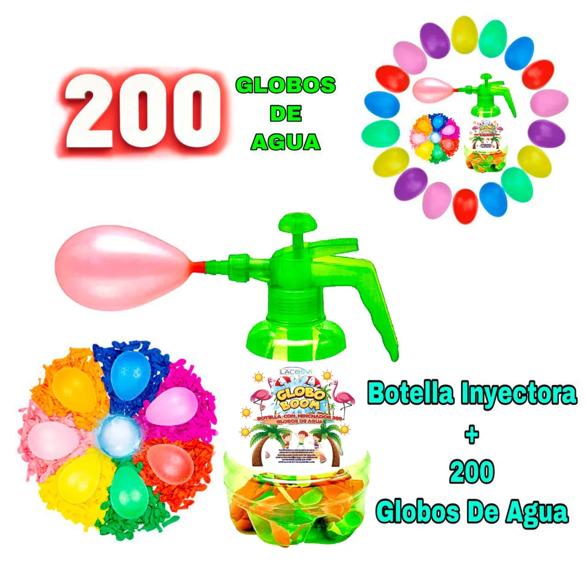 LACOSVI Flacone iniettore per riempire palloncini d'acqua super veloce, include 200 palloncini d'acqua nel gonfiatore realizzati in Spagna biodegradabili (bottiglia + 200 palloncini)