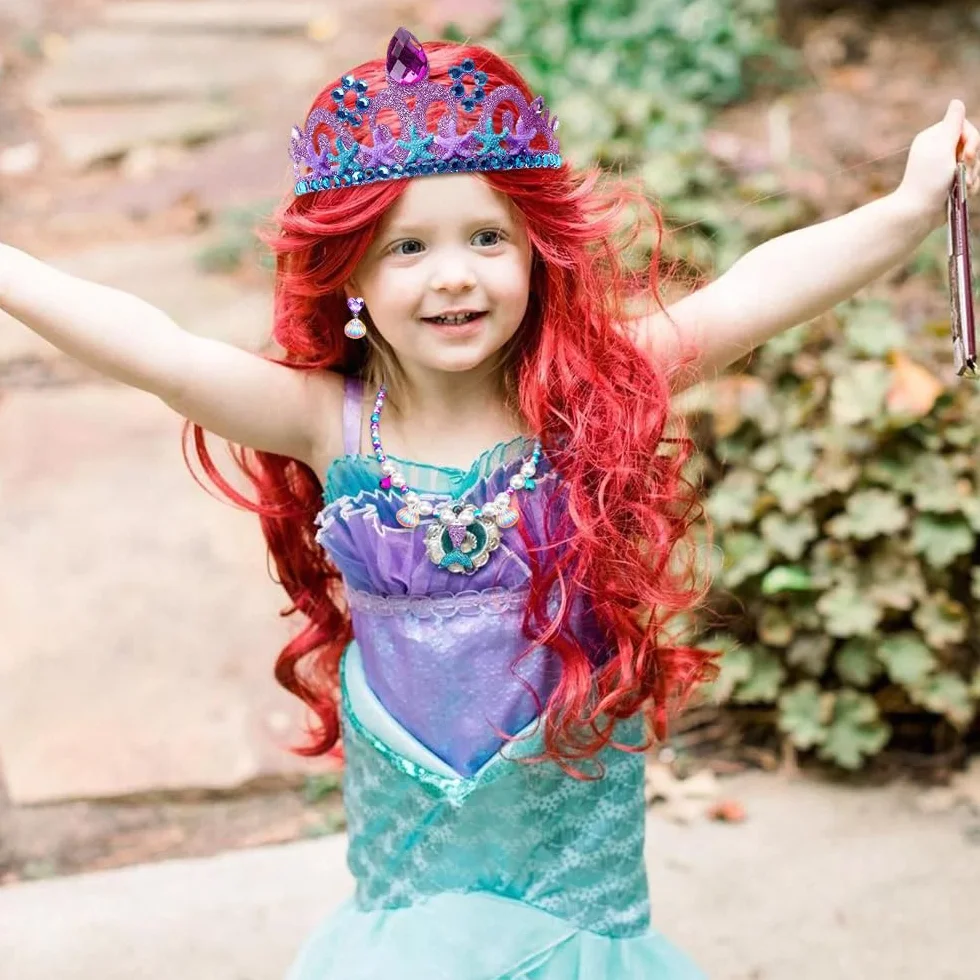 Parrucca per bambini a forma di sirena, parrucca Arielle, accessorio per costume per bambini, rossa, per carnevale, feste a tema, cosplay