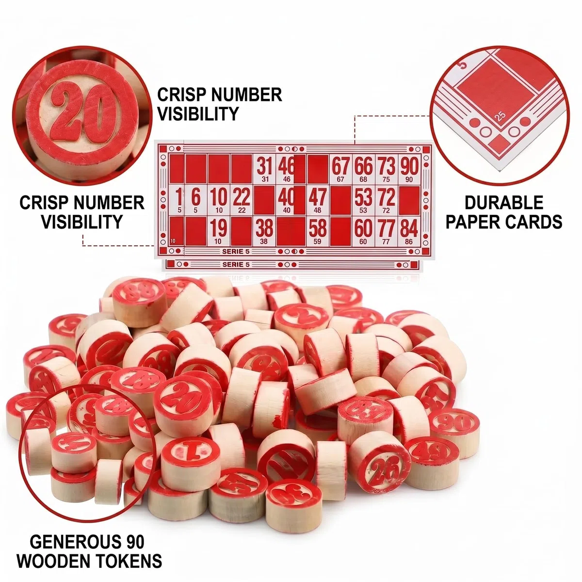 Tombola Classica Bingo Set con 90 Numeri in Legno e 48 Cartelle, Gioco di Società Tradizionale per Bambini e Adulti