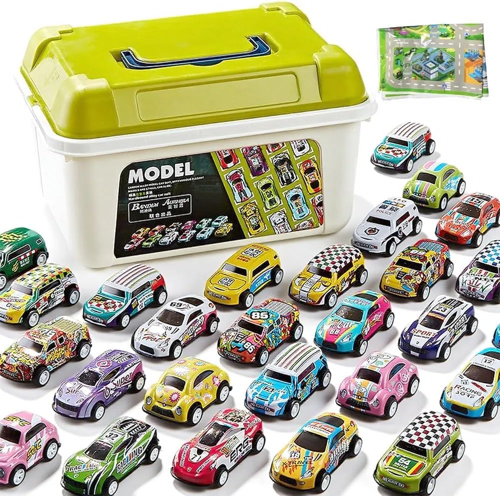 Mini Auto, 30PCS Mini Auto da Corsa Metallo Auto da Corsa Set Macchine con Tappeto da Gioco Veicolo Metallo Die Cast Regali di Natale Cowboy per Carnevale
