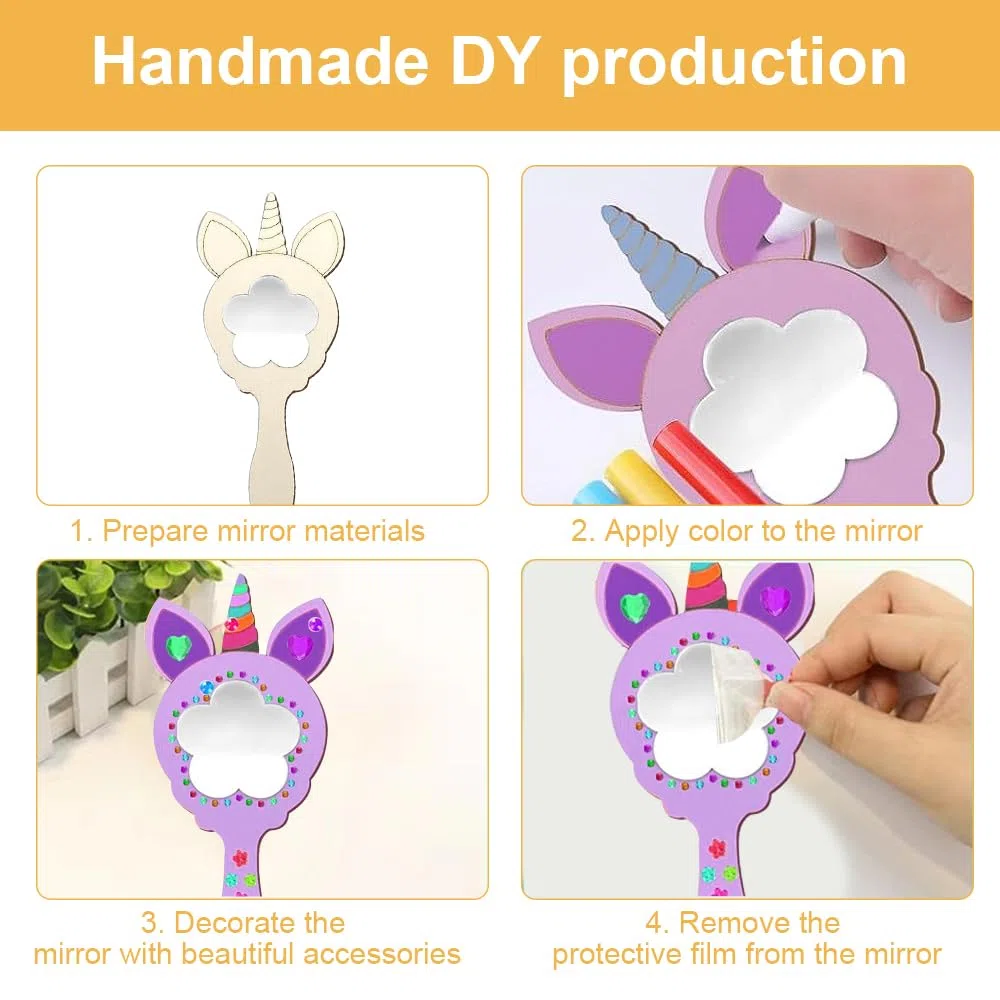 Unicorno Specchio in Legno Fai da Te 12 Pezzi Kit Lavoretti Creativi per Bambini Mini Specchio a Mano con Manico per Ragazze