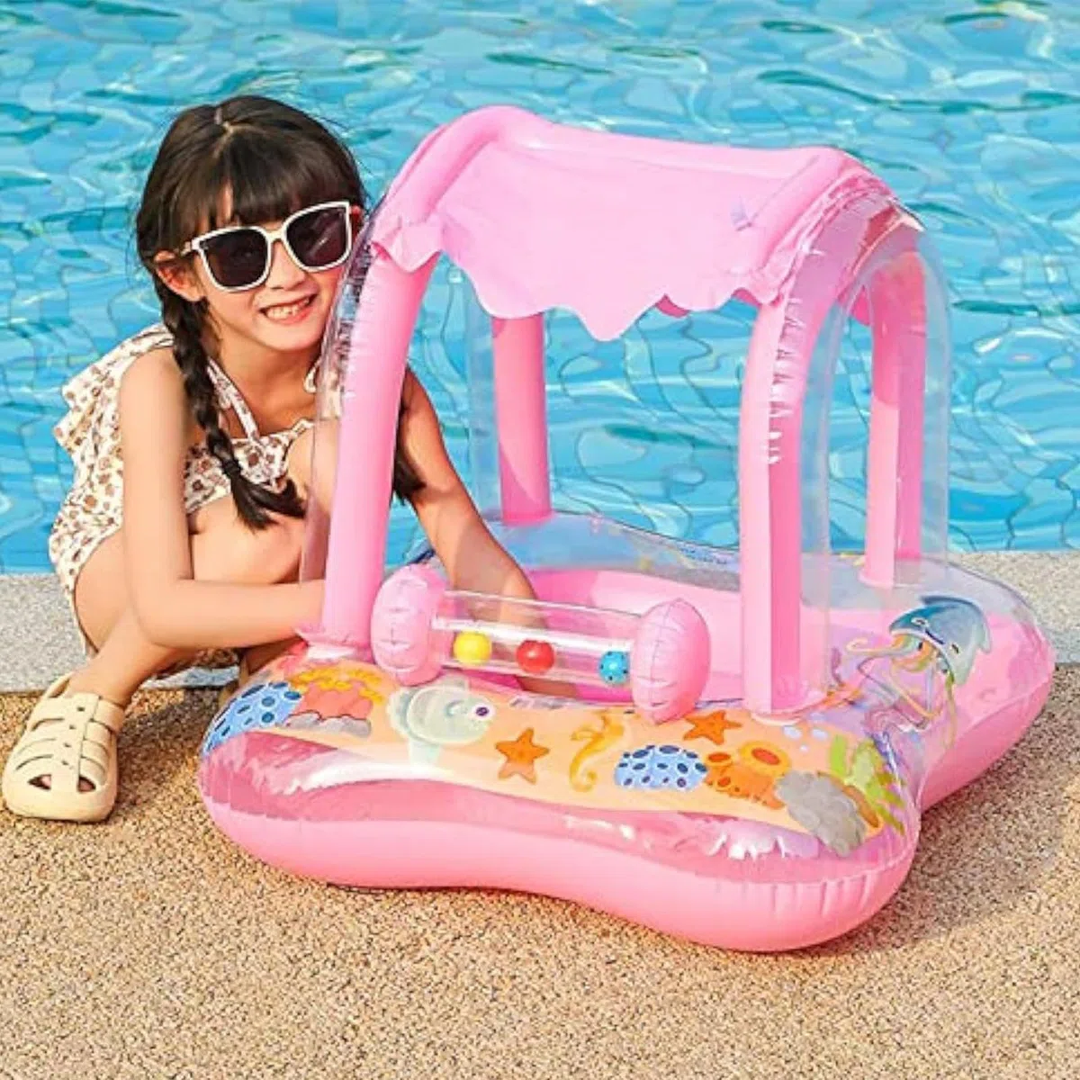 Galleggiante per piscina con tettuccio di protezione solare, aiuto gonfiabile per bambini, portatile, stile cartone animato, galleggianti d'acqua XBeach, Lago e | Anello da nuoto UV Toddlersc