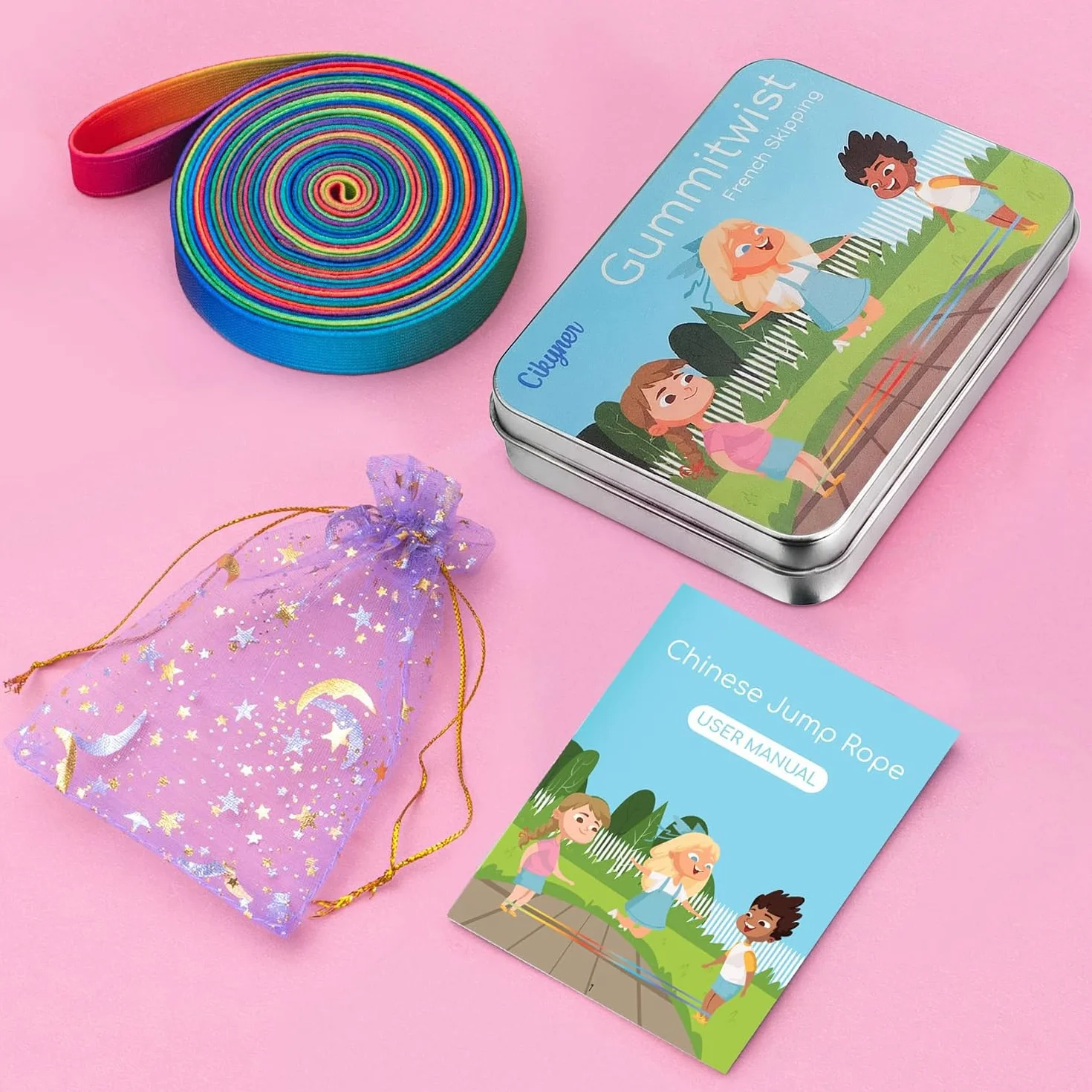 Cikyner Corda per Saltare Cinese, 4 m di Lunghezza 1,5 cm di larghezza Gomma elastica per bambini con Istruzioni per Salto Francese Arcobaleno per Bambini Indoor e Outdoor Giochi, Ideale per Regali