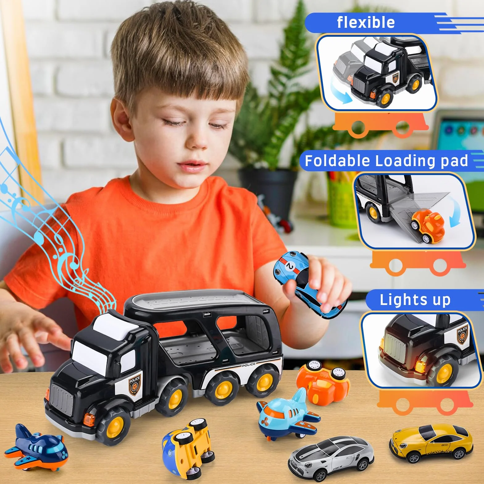 8 in 1 Camion Macchinine Giocattolo Trasportatore con Suoni e Luci per Bambini 1 2 3 4 5 Anni, 7 Mini Cars, Macchina Trucks Regalo per Bambino Ragazze Ragazzi
