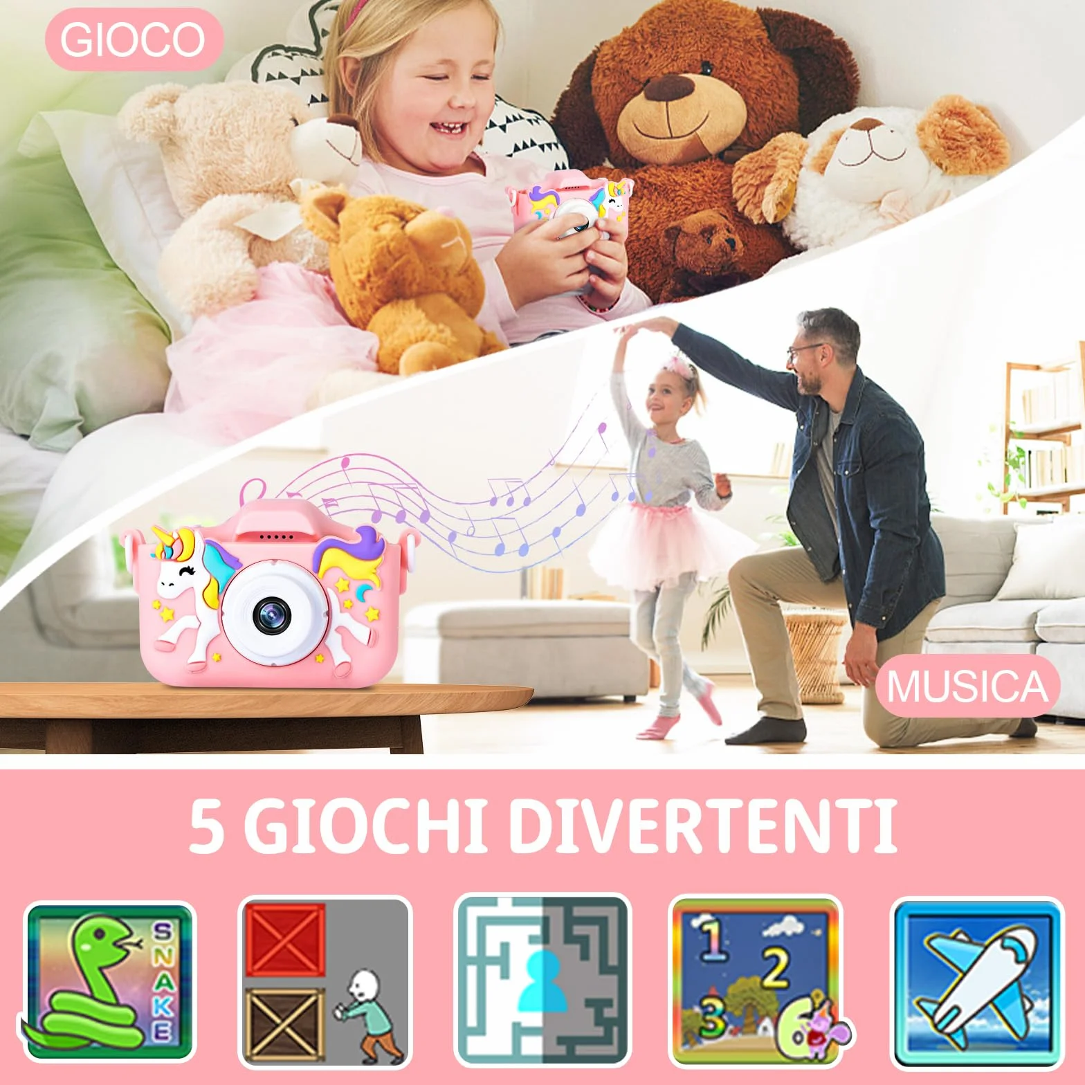 Macchina Fotografica Bambini, 2.0 Pollici Schermo Fotocamera Bambini, 1080P Ricaricabile Fotocamera Digitale con Scheda 32GB, Regali Giocattolo di Natale & Compleanno per Ragazze Ragazzi