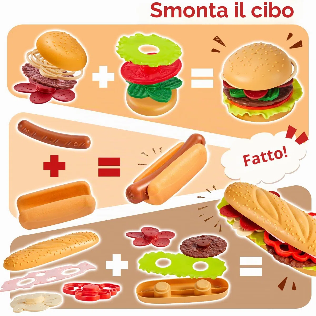 BUYGER Set Cibo Cucina Giocattolo per Bambini con Hamburger Hot Dog, Accessori Cucina Alimenti Finto, Giochi di Ruolo, Regalo per Bambini 3 + Anni