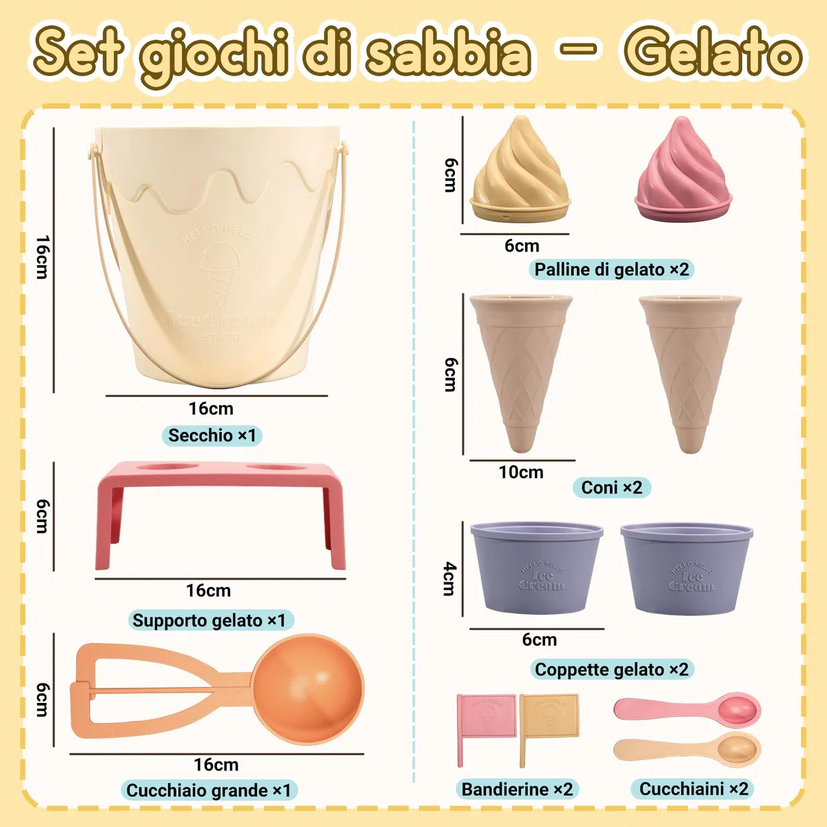 VBACALA Set Gelato Giocattolo da Spiaggia per Bambini, 13 Pezzi con Secchiello, Formine Sabbia e Accessori Gelateria, Giochi Mare e Giardino, Regalo Estate Bambini 3+ Anni