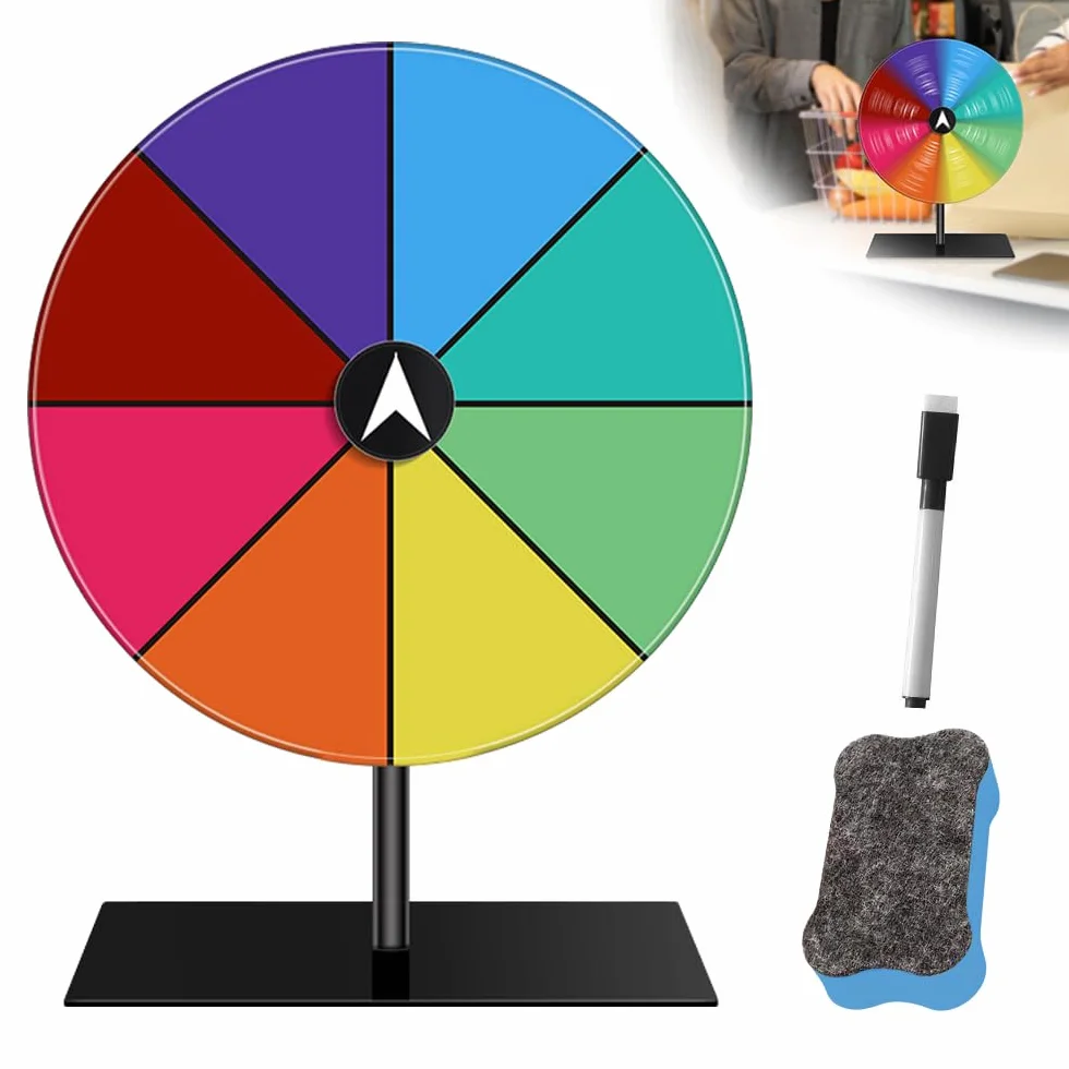 Mineup Ruota della fortuna, Ruota Dei Premi Che Gira, Ruota della roulette colorata, Color Roulette Wheel Stand con Pennarello e Cancellino, 8 slot, Tabletop Prize Wheel per fiere, carnevali, festival