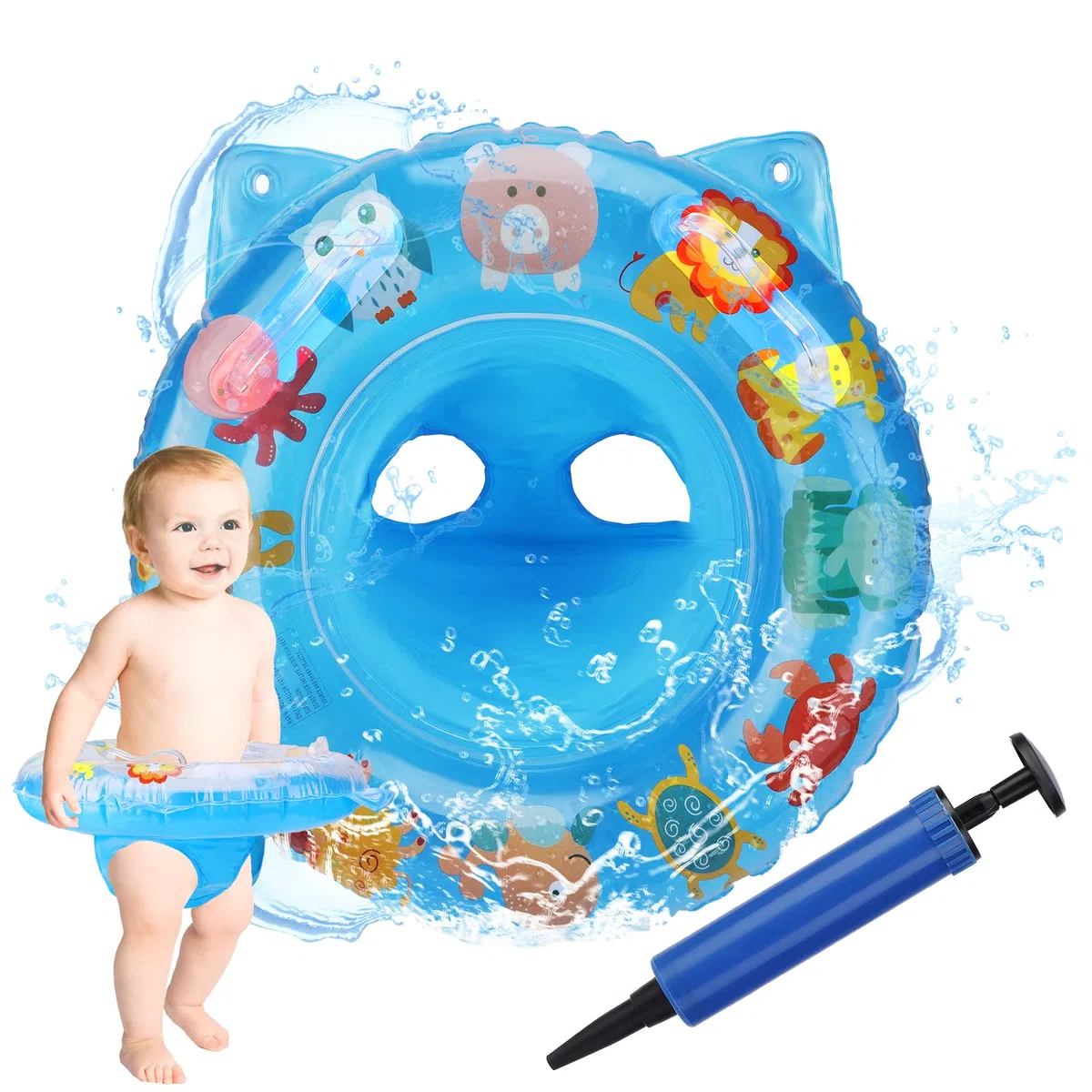 Anello di Nuoto del Fumetto, Salvagente Neonato Galleggiante Gonfiabile del Bambino Dell'anello di Nuoto del Bambino Baby Float Salvagente con Seggiolino and Gonfiatore Bambini Piscina Giocattolo,Blu
