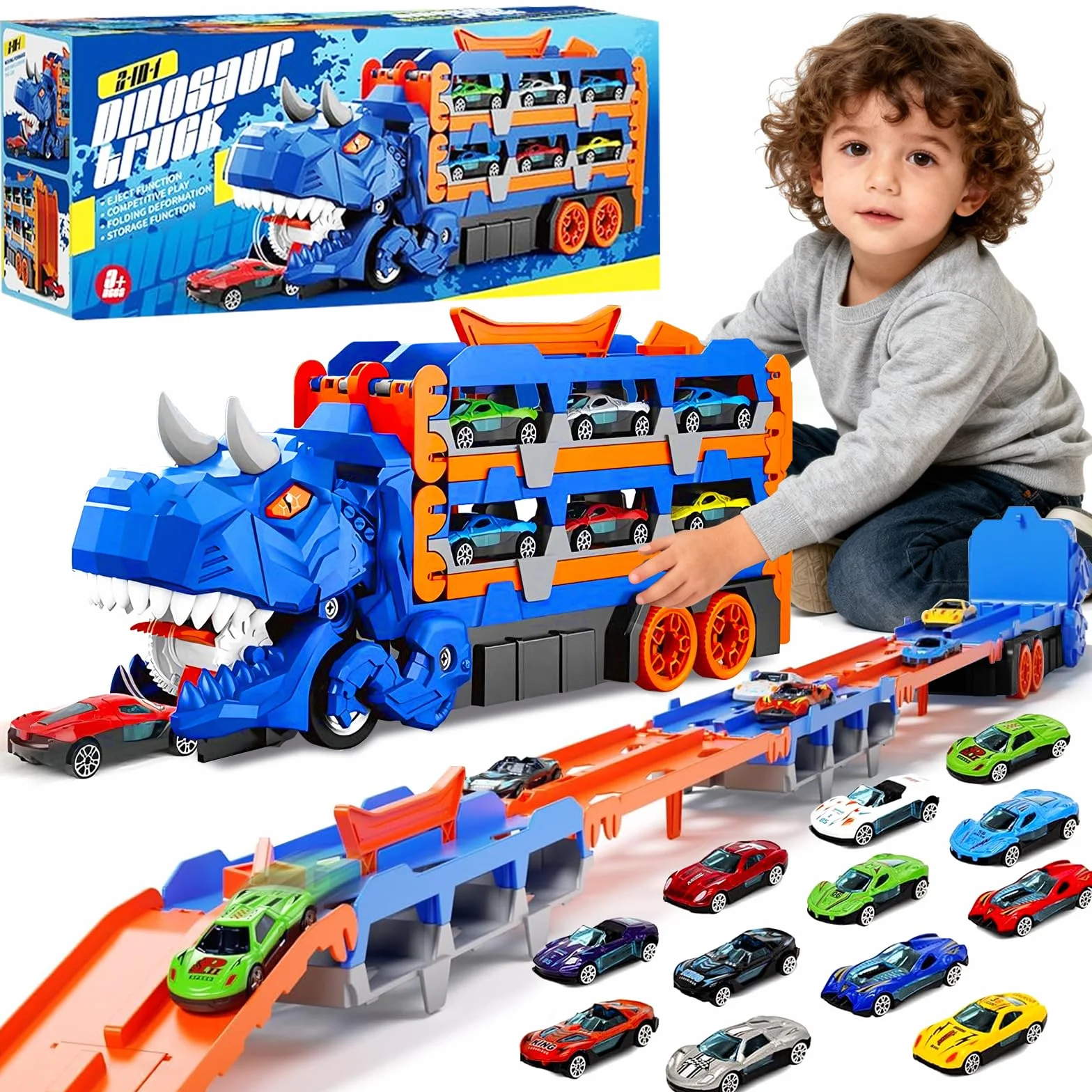 Camion dei Trasporti Dinosauro Giocattolo per Bambini, Giocattolo 3 in 1 con Pista Piegevole e Lanciatore, Camion Portatile con 12 Auto da Corsa, Regalo per Bambini di 3 4 5 6 7 8 Anni
