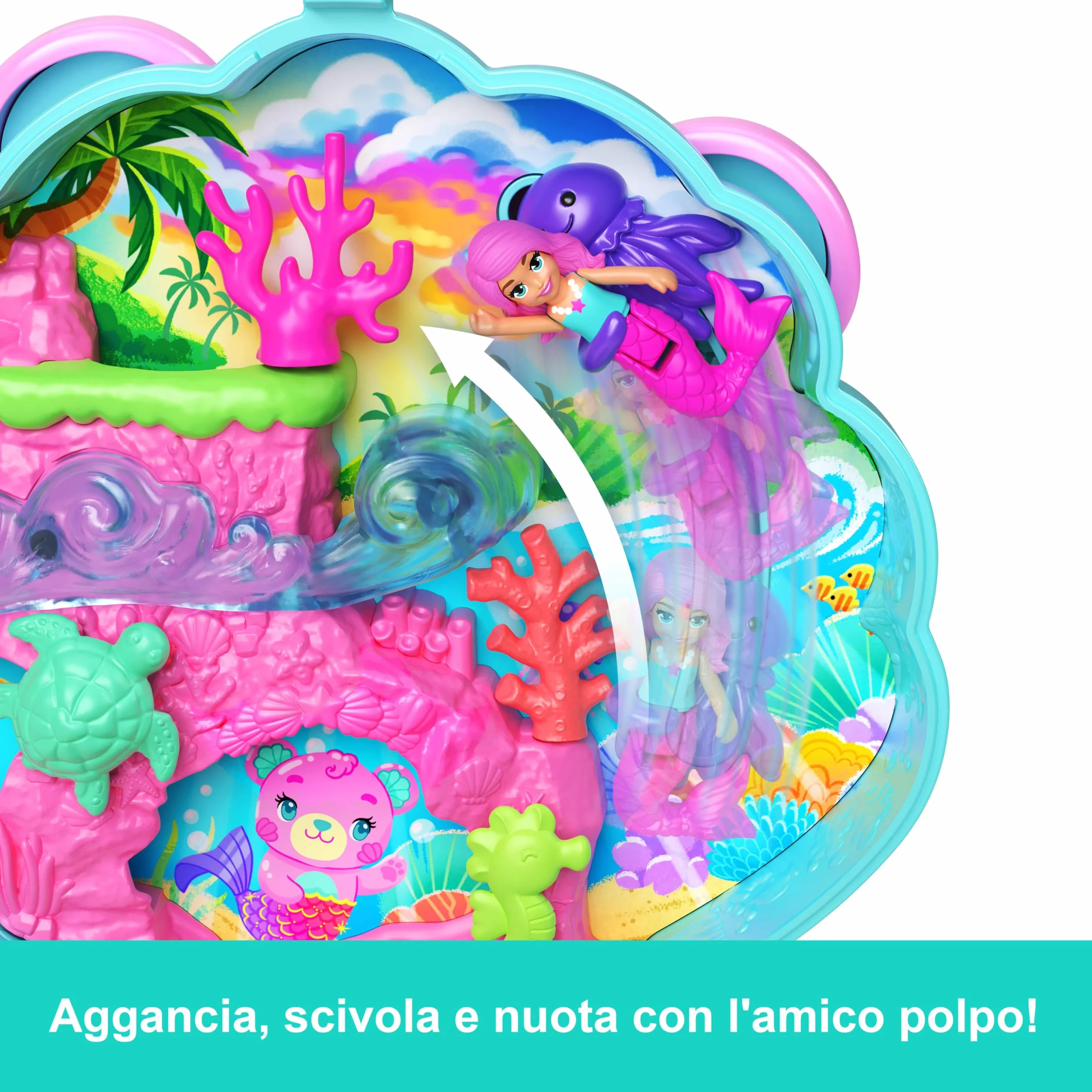 Polly Pocket - Cofanetto Magici Glitter, set portatile a forma di conchiglia con una microbambola sirena, cuccioli marini e 11 accessori a tema inclusi, giocattolo per bambini, 4+ anni, JCB16