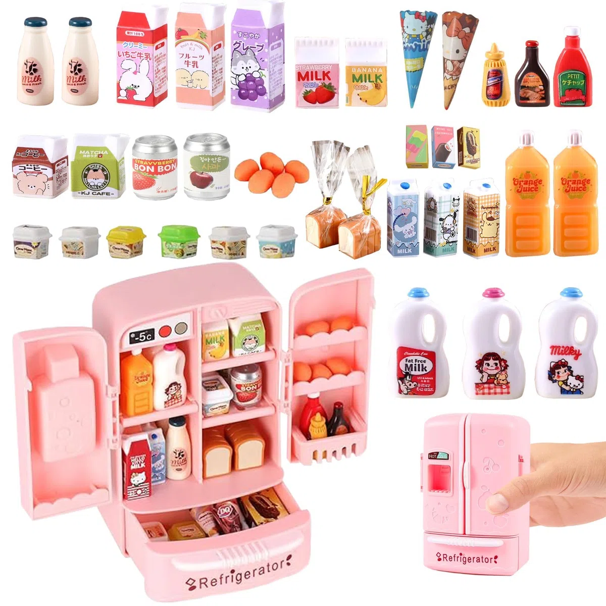 Accessori per la casa delle bambole, Mini Verse Frigorifero giocattolo con 40+ Mini alimenti, set da gioco per bambini, frigorifero per bambini realistico con ghiaccio, succo e accessori da cucina