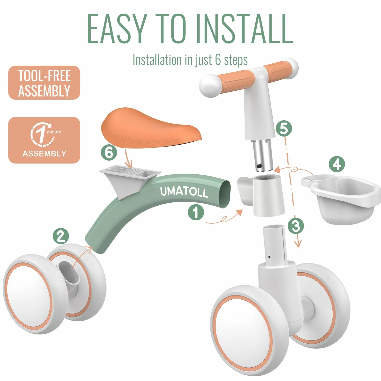 Umatoll Bicicletta Equilibrio Bambini 12-24 Mesi con Cestino, Verde
