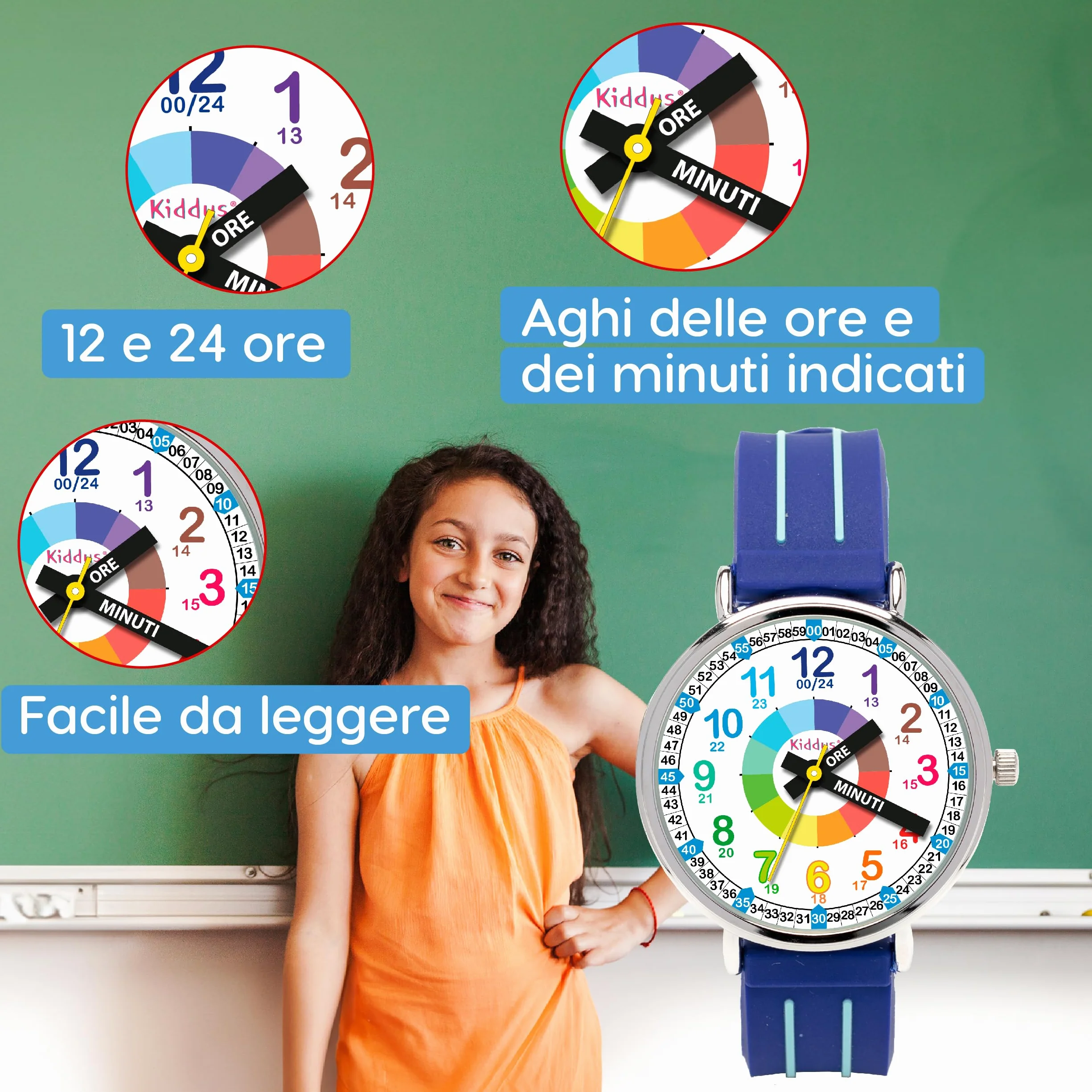 Kiddus Orologio Educativo per Bambino e Bambina dai 5 ai 10 Anni, Impermeabile 5ATM, Orologio Analogico Didattico per Imparare l'Ora, Movimento Giapponese