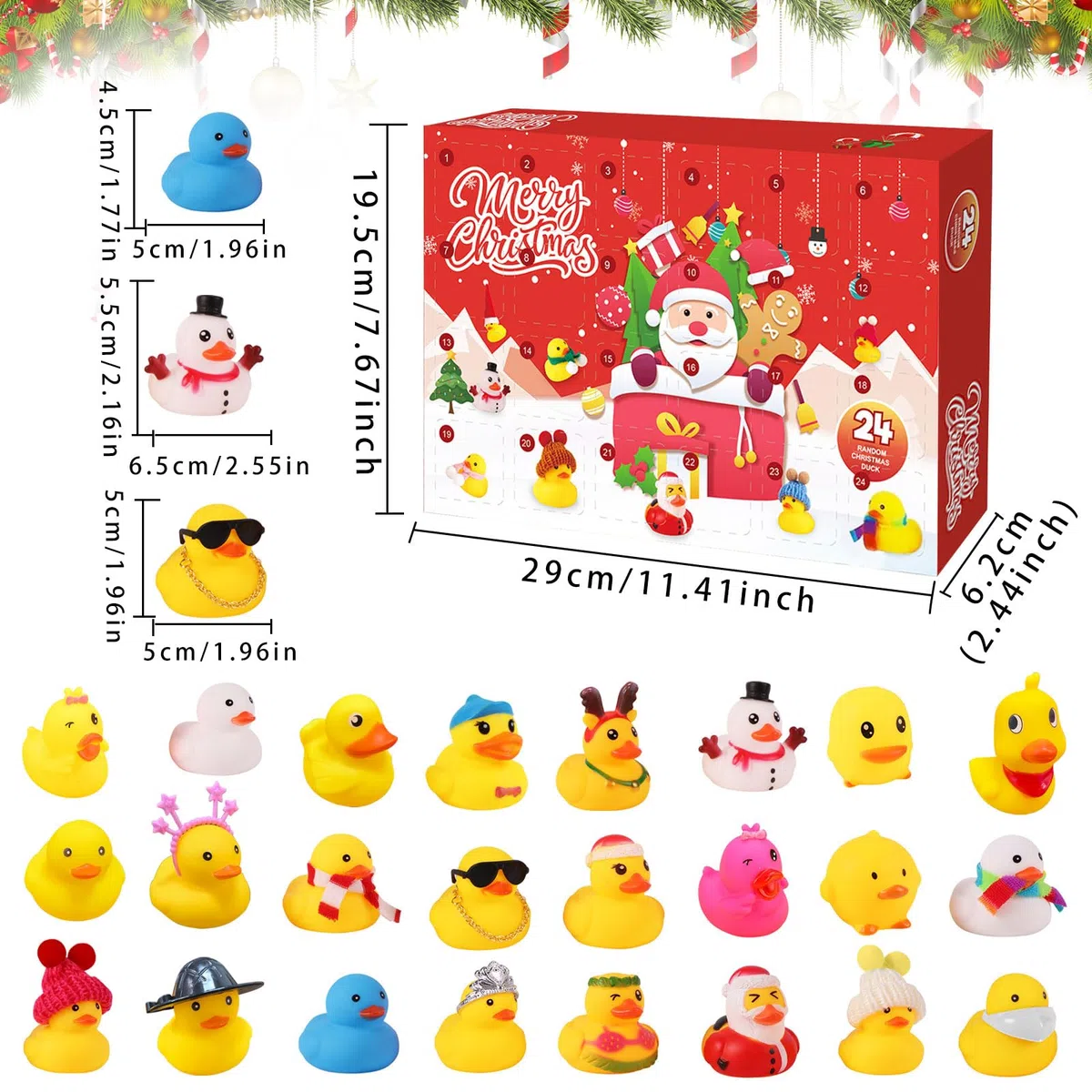 Calendario dell'Avvento natalizio, 24 pezzi, anatre di gomma, calendario dell'Avvento per bambini, 24 giorni, conto alla rovescia, guinzaglio giallo anatra, regalo di Natale per ragazzi e ragazze