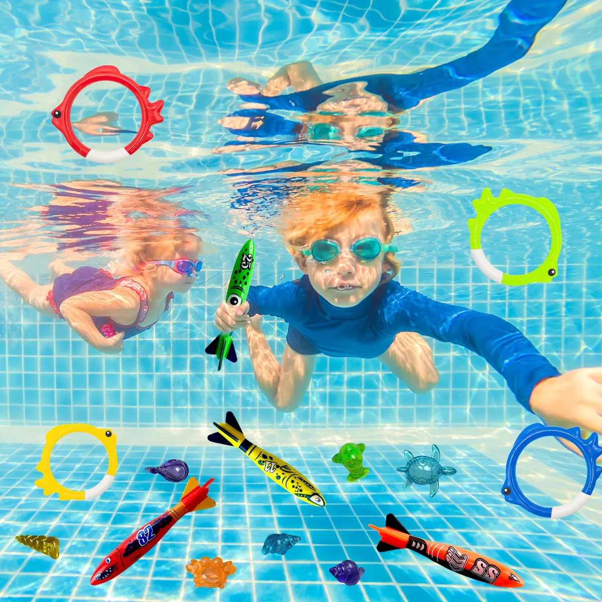 17 Pezzi Set di Giocattoli Subacquei con Siluro, Anelli da Immersione e Gemme - Divertimento in Piscina per Ragazzi e Ragazze da 5 a 12 Anni (A)