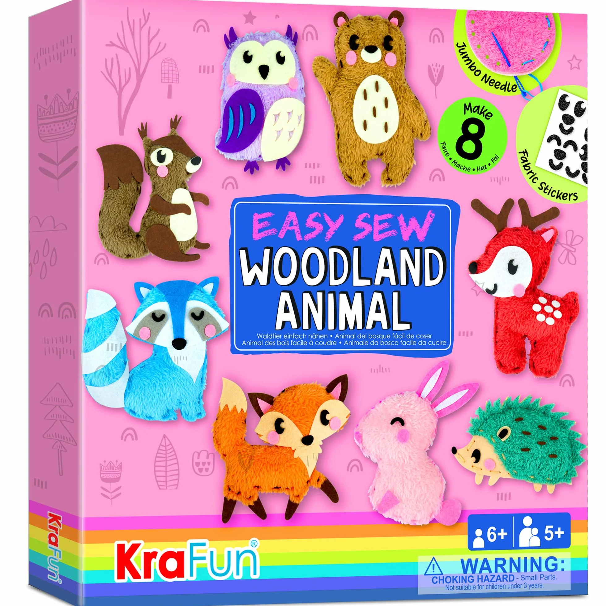 KRAFUN Kit da Cucito Animali del Bosco per Bambini 5+ Anni, 8 Progetti Fai da Te (Orso, Coniglio, Volpe, Gufo, Cervo), Feltro, Istruzioni, Giocattolo Educativo